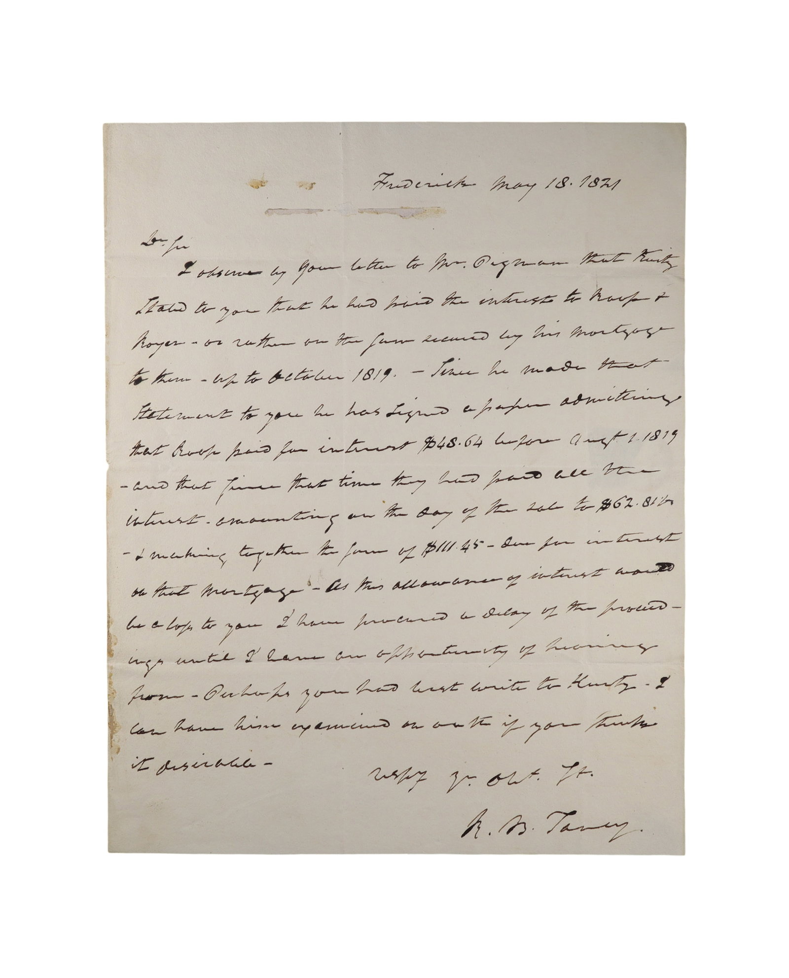 ROGER B. TANEY ALS, FREDERICK, MAY 18, 1821 FUTURE CHIEF JUSTICE AS PRACTICING ATTORNEY (1 of 3)