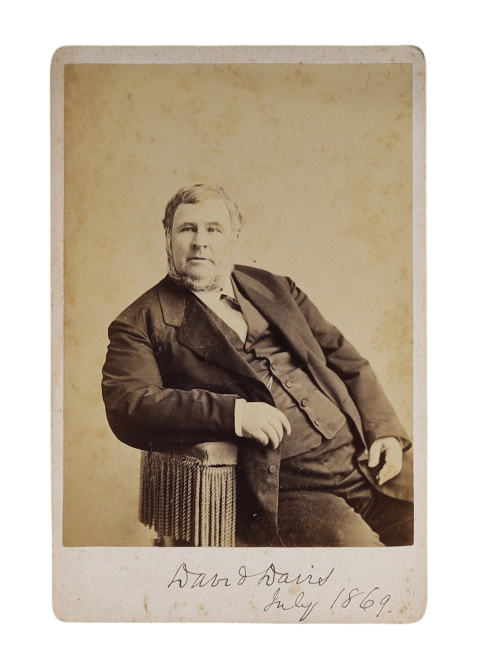 DAVID DAVIS EXCEPTIONALLY RARE SIGNED CABINET CARD PHOTOGRAPH, JULY 1869: David Davis (1815-1886) is one of the more consequential and underappreciated figures of the Civil War era. Abraham Lincoln's longtime friend, campaign manager, and political confidant, Davis was rewa
