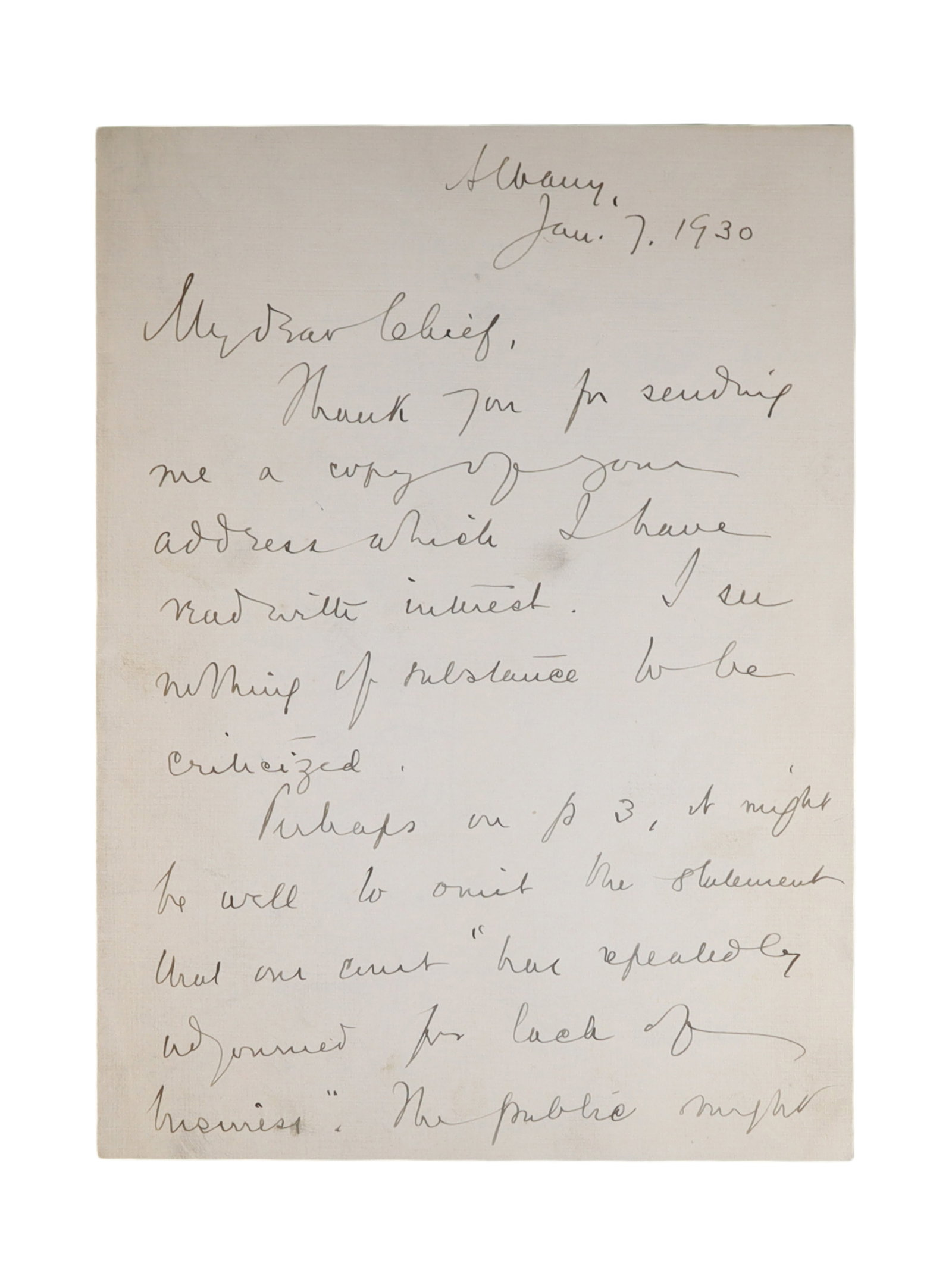 BENJAMIN N. CARDOZO AUTOGRAPH LETTER SIGNED, ALBANY, JANUARY 7, 1930: Benjamin N. Cardozo (1870-1938) is universally regarded as one of the greatest American jurists of the twentieth century. His tenure on the New York Court of Appeals, which he served as Chief Judge fr