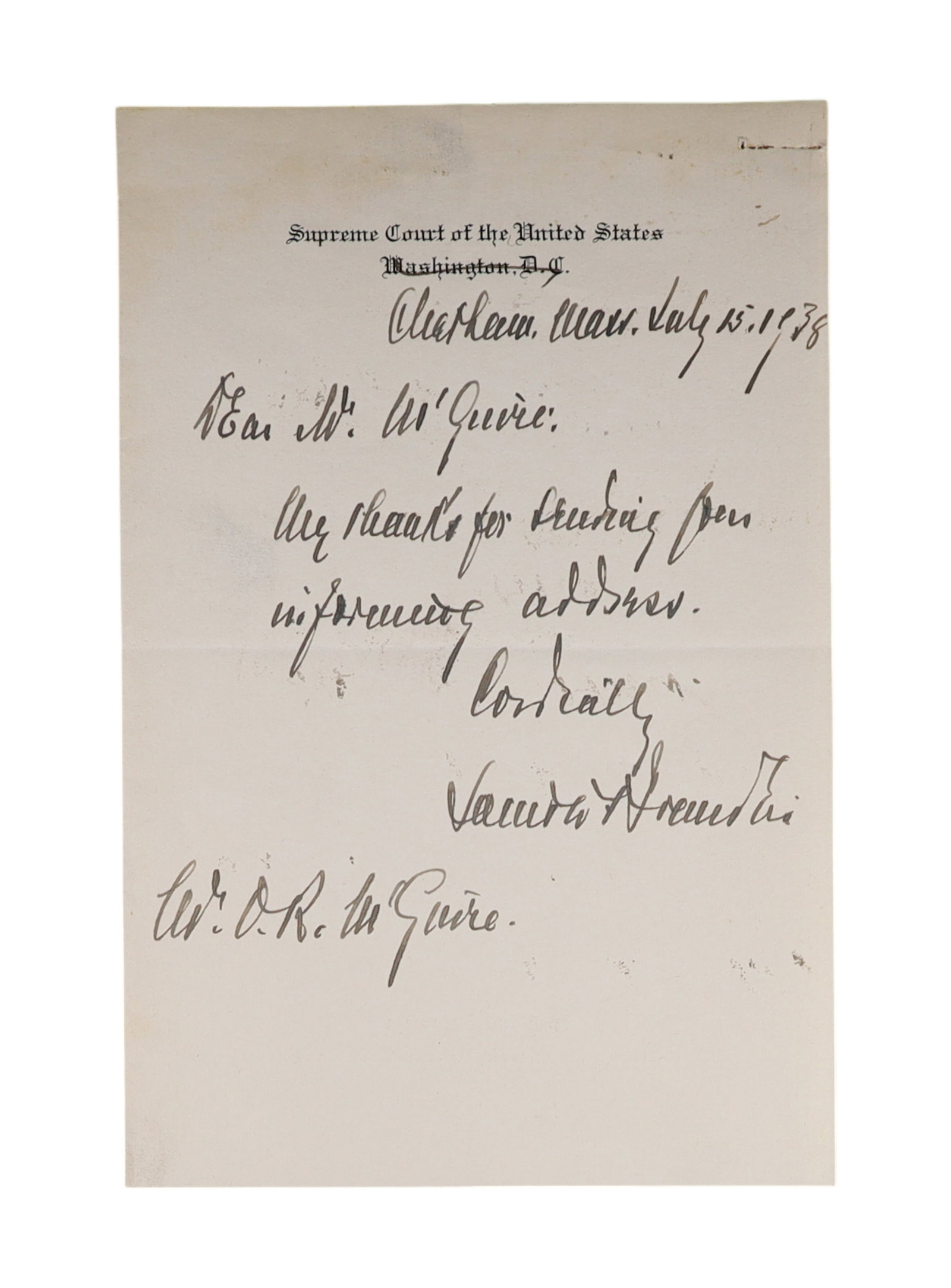 LOUIS D. BRANDEIS AUTOGRAPH LETTER SIGNED ON SUPREME COURT LETTERHEAD, JULY 15, 1938: Louis D. Brandeis (1856-1941) was appointed to the Supreme Court by President Wilson in 1916 in the face of fierce opposition, becoming the first Jewish Justice in the Court's history. He served until