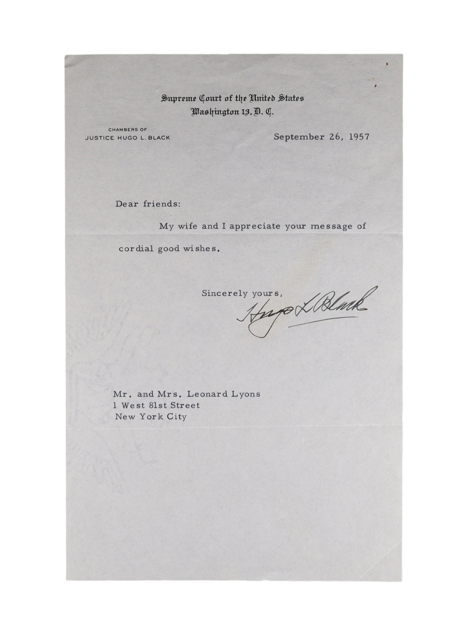 HUGO L. BLACK TWO ITEMS SPANNING TWO CAREERS: TYPED LETTER SIGNED AS ASSOCIATE JUSTICE, SEPTEMBER 26 (1 of 2)