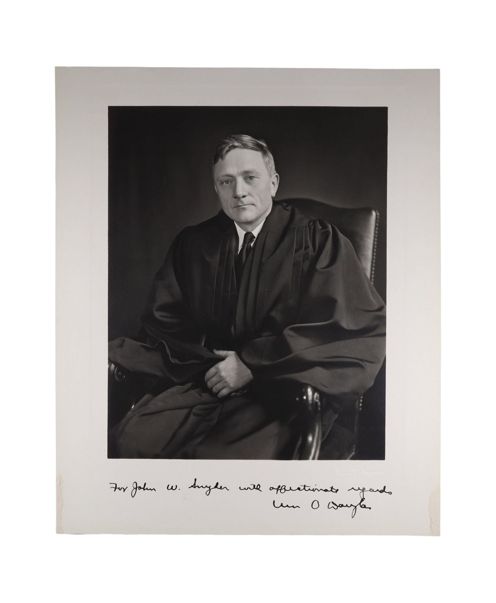 WILLIAM O. DOUGLAS SIGNED AND INSCRIBED LARGE FORMAT PORTRAIT PHOTOGRAPH, EARLY CAREER ROBES IMAGE (1 of 1)