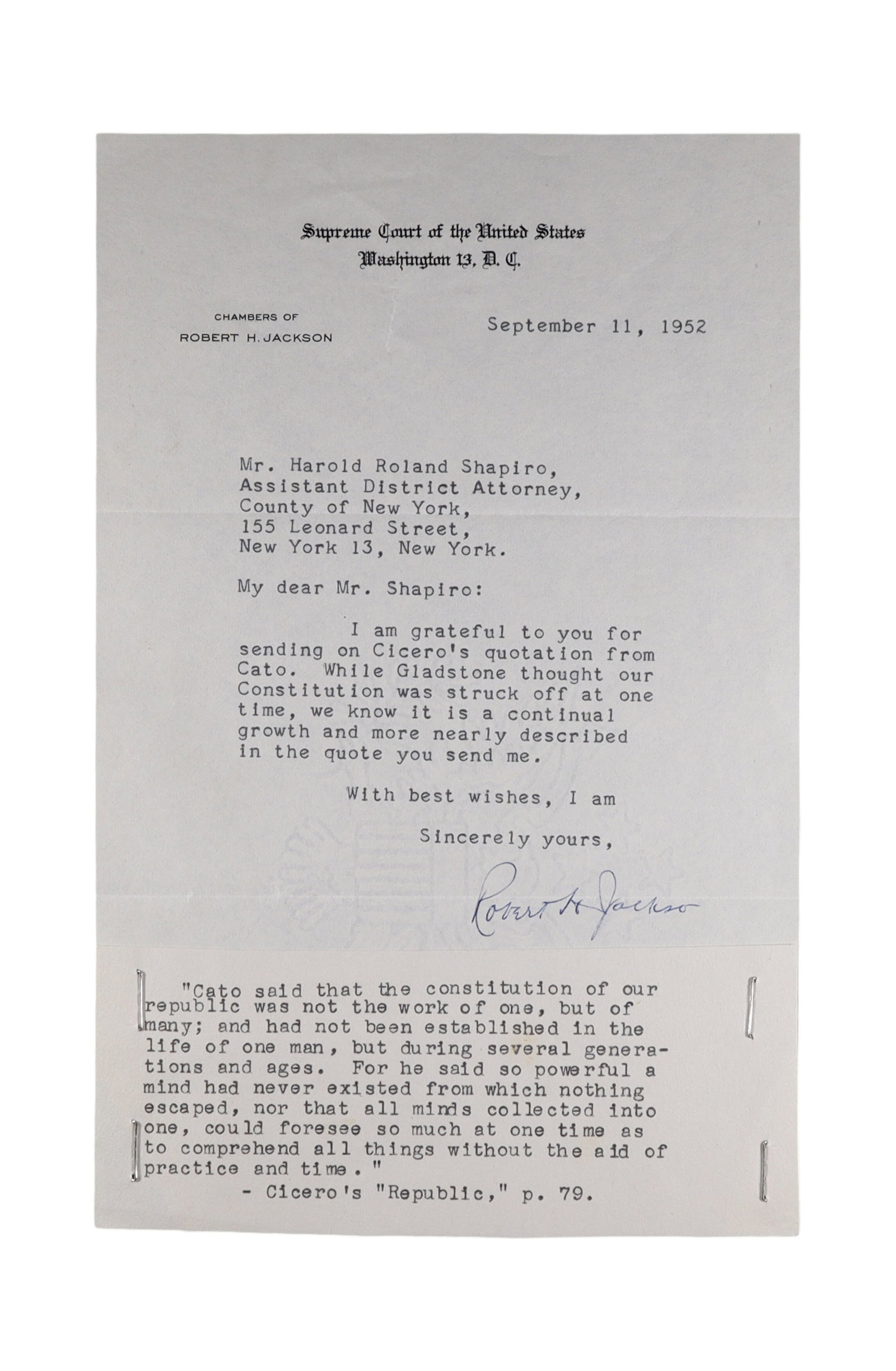 ROBERT H. JACKSON TYPED LETTER SIGNED AS ASSOCIATE JUSTICE, SEPTEMBER 11, 1952: Robert H. Jackson (1892-1954) was a notably intellectually gifted and elegantly written Justices in the Court's history. Appointed by President Roosevelt in 1941, he served until his death in 1954 whi