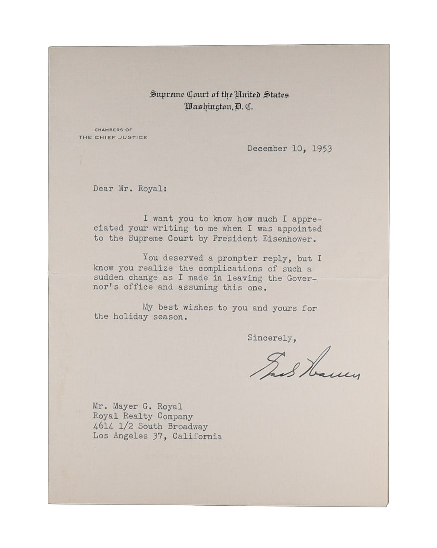 EARL WARREN TLS AS CHIEF JUSTICE, DECEMBER 10, 1953 REFLECTING ON LEAVING THE GOVERNORSHIP FOR THE (1 of 1)