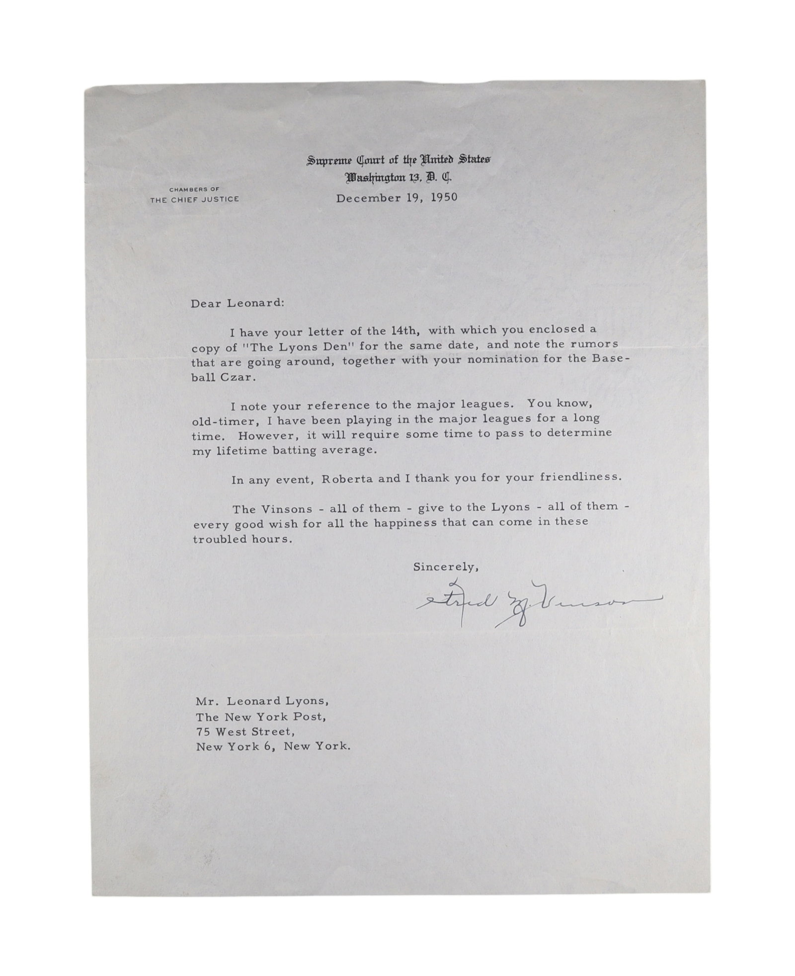 LYONS FAMILY ARCHIVE: TWO TYPED LETTERS SIGNED BY SUPREME COURT JUSTICES TO LEONARD LYONS AND MRS. (1 of 2)
