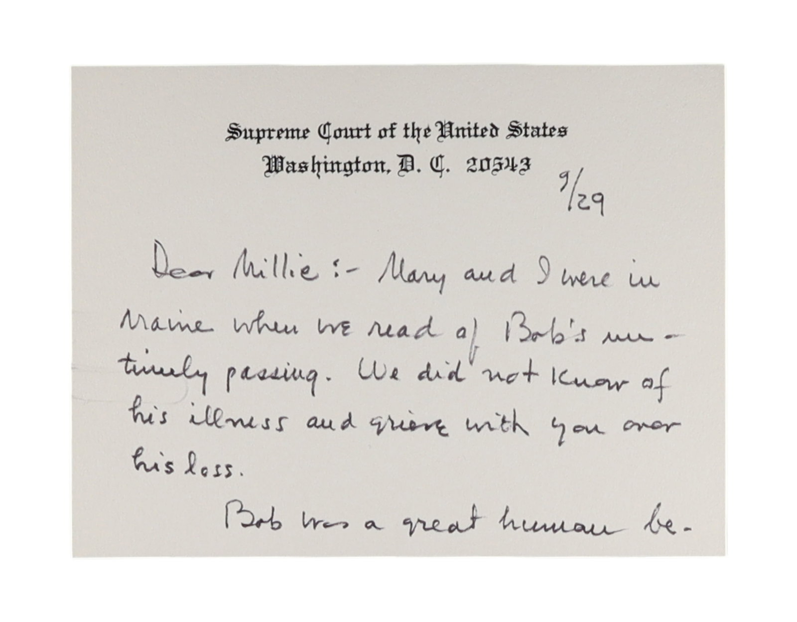 TOM C. CLARK AUTOGRAPH NOTE SIGNED AS ASSOCIATE JUSTICE, WITH ORIGINAL CHAMBERS ENVELOPE (1 of 2)