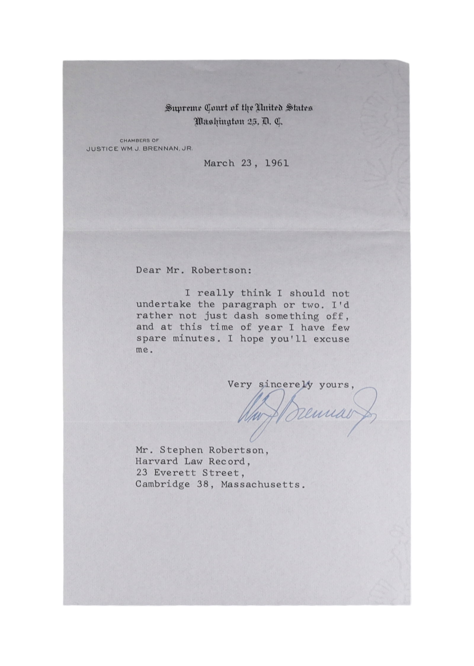 WILLIAM J. BRENNAN JR. TYPED LETTER SIGNED AS ASSOCIATE JUSTICE, MARCH 23, 1961 (1 of 1)