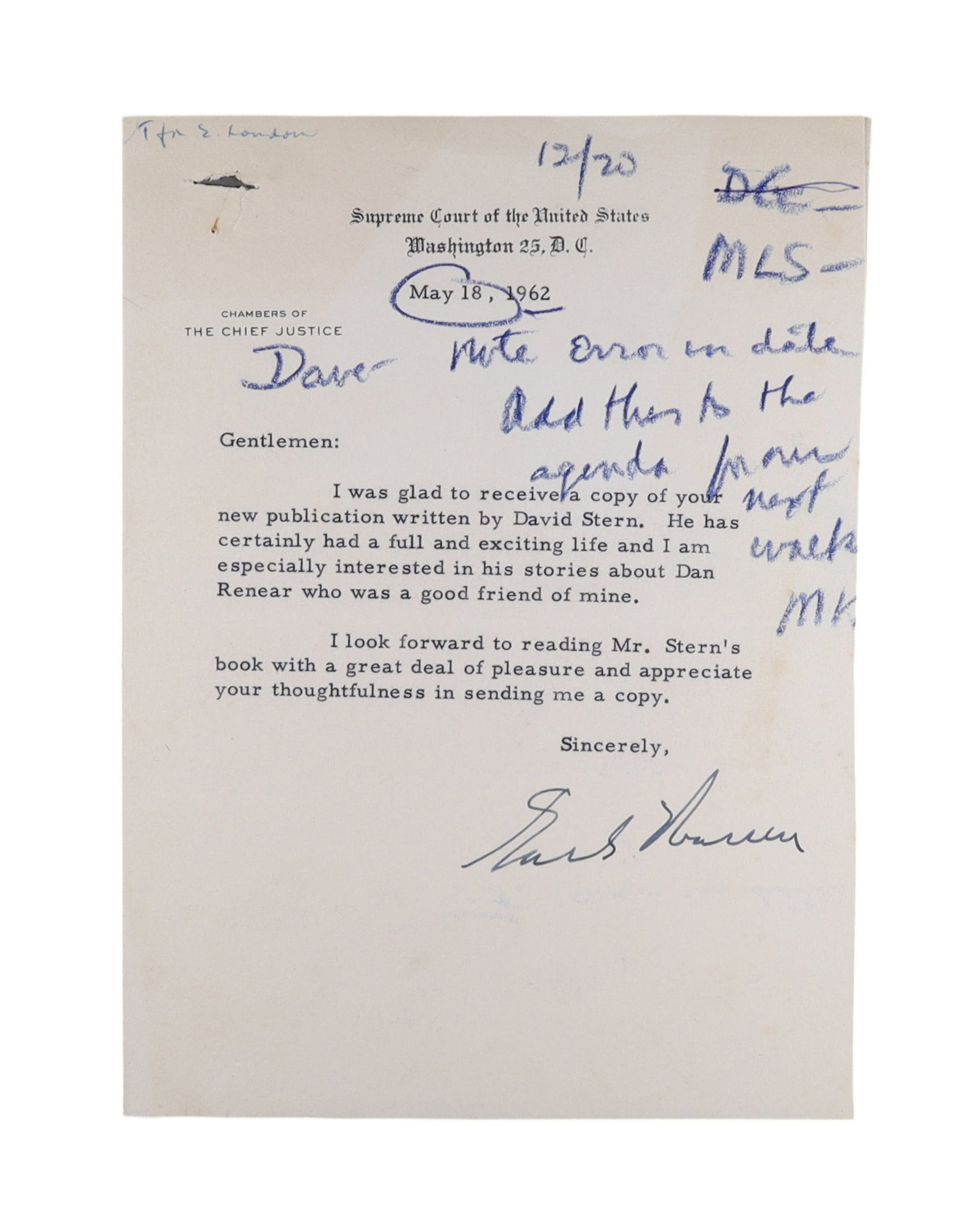 EARL WARREN TYPED LETTER SIGNED AS CHIEF JUSTICE, MAY 18, 1962, WITH EXTENSIVE CONTEMPORARY: Earl Warren (1891-1974) served as Chief Justice of the United States from 1953 to 1969, presiding over the most transformative period in the Court's modern history. Under his leadership the Court deci