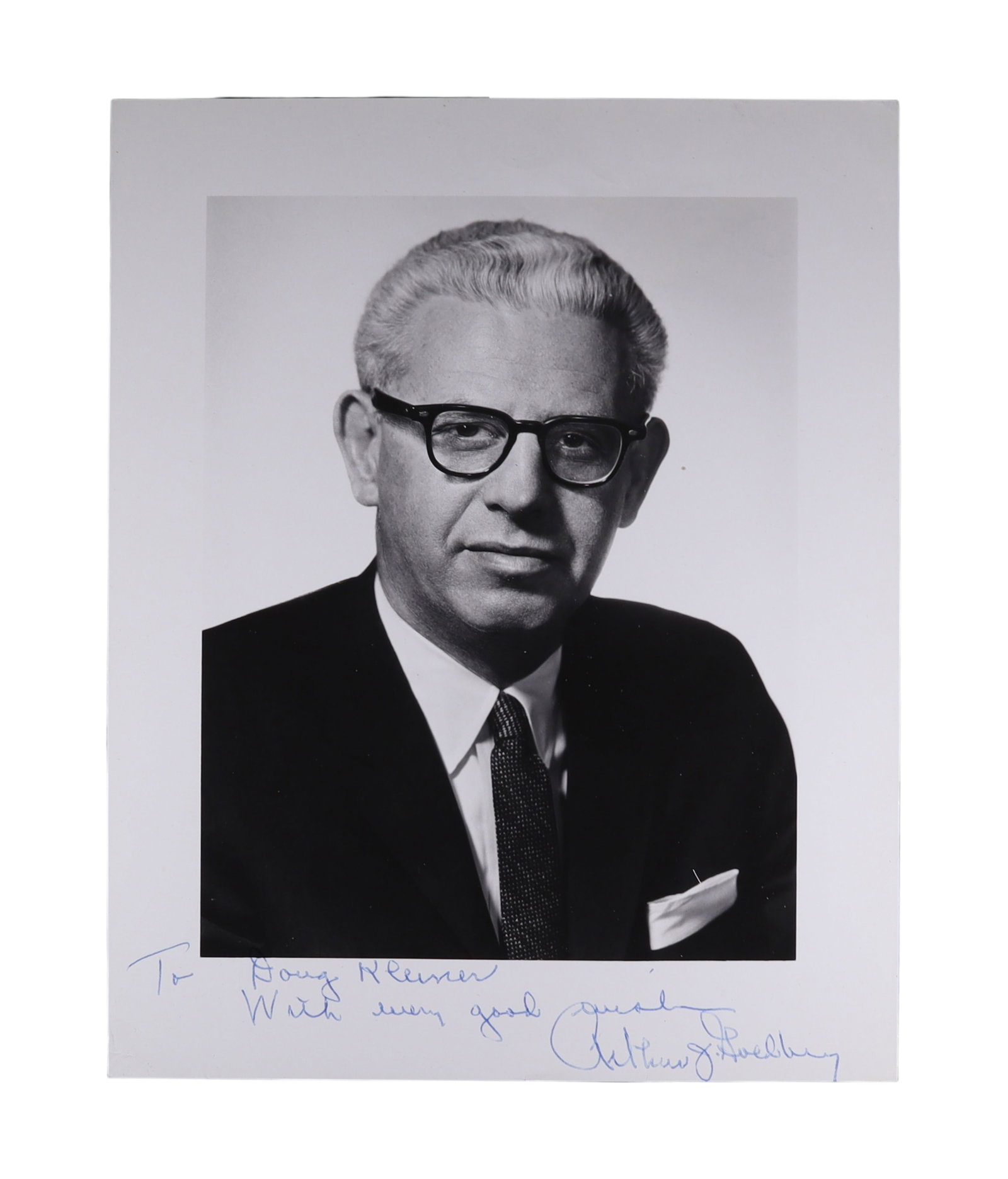 ARTHUR J. GOLDBERG SIGNED AND INSCRIBED LARGE FORMAT PORTRAIT PHOTOGRAPH: Arthur J. Goldberg (1908-1990) compressed into a single career achievements that would have distinguished several lifetimes. President Kennedy appointed him Secretary of Labor in 1961 and then to the 