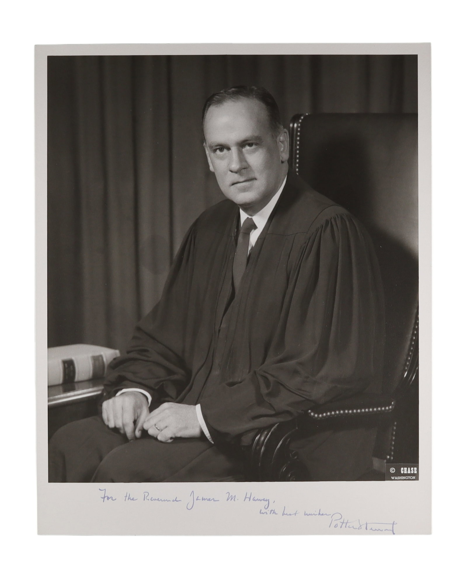 POTTER STEWART LARGE FORMAT SIGNED AND INSCRIBED OFFICIAL PORTRAIT PHOTOGRAPH, CHASE STUDIO: Potter Stewart (1915-1985) served as an Associate Justice of the Supreme Court from 1958 to 1981, appointed by President Eisenhower at the relatively young age of forty three. A pragmatic centrist who