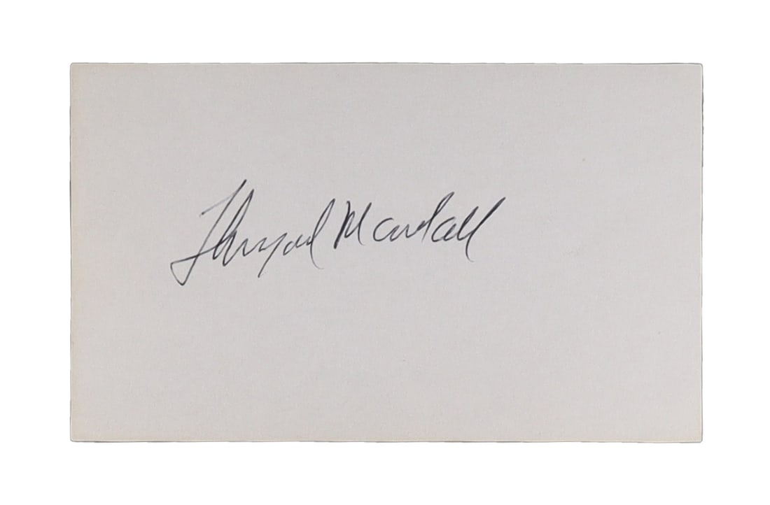 THURGOOD MARSHALL SIGNED CARD THE FIRST AFRICAN AMERICAN JUSTICE OF THE SUPREME COURT: Thurgood Marshall (1908-1993), the towering civil rights lawyer who argued Brown v. Board of Education before the Supreme Court and later became the first African American Justice in the Court's histo