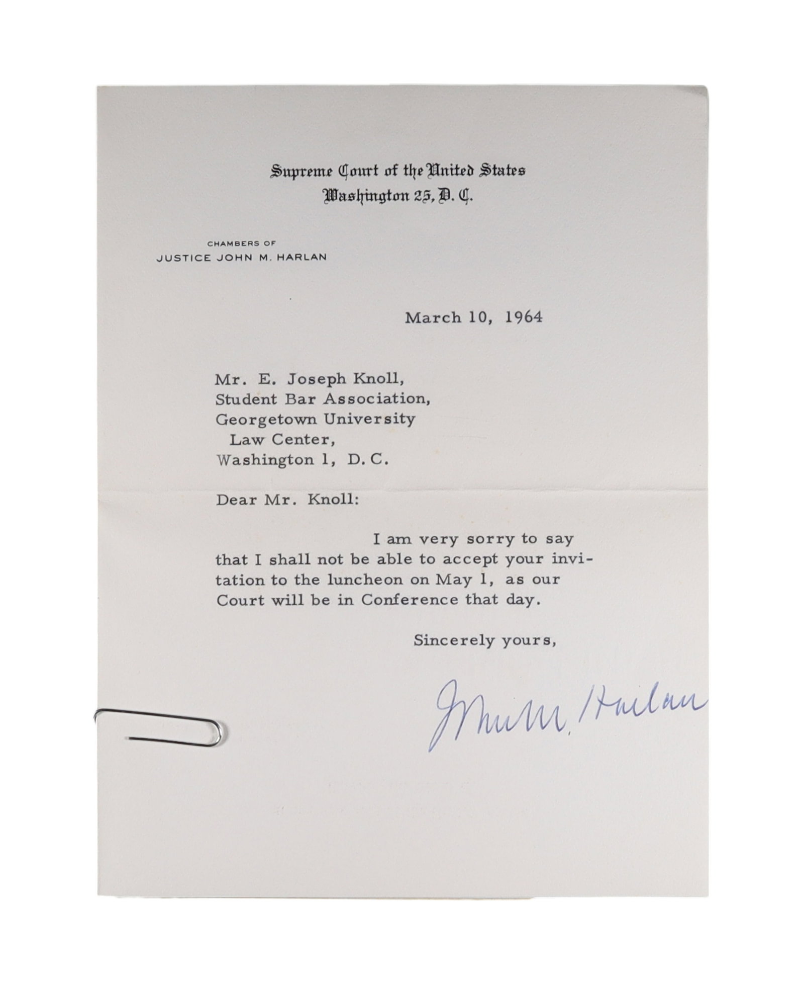 A REMARKABLE THREE JUSTICE ARCHIVE FROM THE GEORGETOWN UNIVERSITY LAW CENTER STUDENT BAR ASSOCIATION: THREE JUSTICE ARCHIVE FROM THE GEORGETOWN UNIVERSITY LAW CENTER STUDENT BAR ASSOCIATION, MARCH 1964: TYPED LETTERS SIGNED BY JUSTICE JOHN M. HARLAN II, JUSTICE POTTER STEWART, AND RETIRED JUSTICE STAN