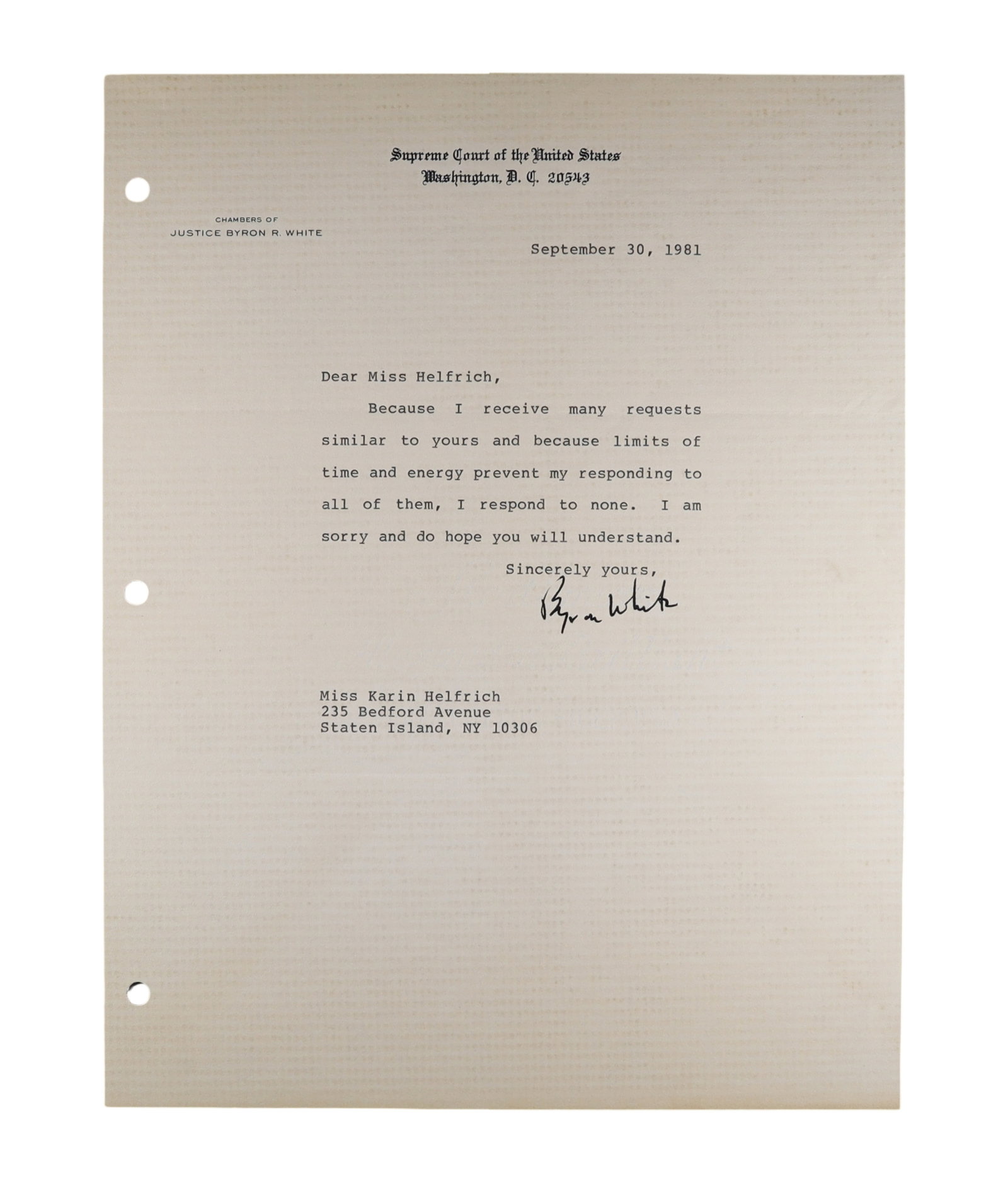 BYRON WHITE TYPED LETTER SIGNED AS ASSOCIATE JUSTICE, SEPTEMBER 30, 1981 (1 of 1)