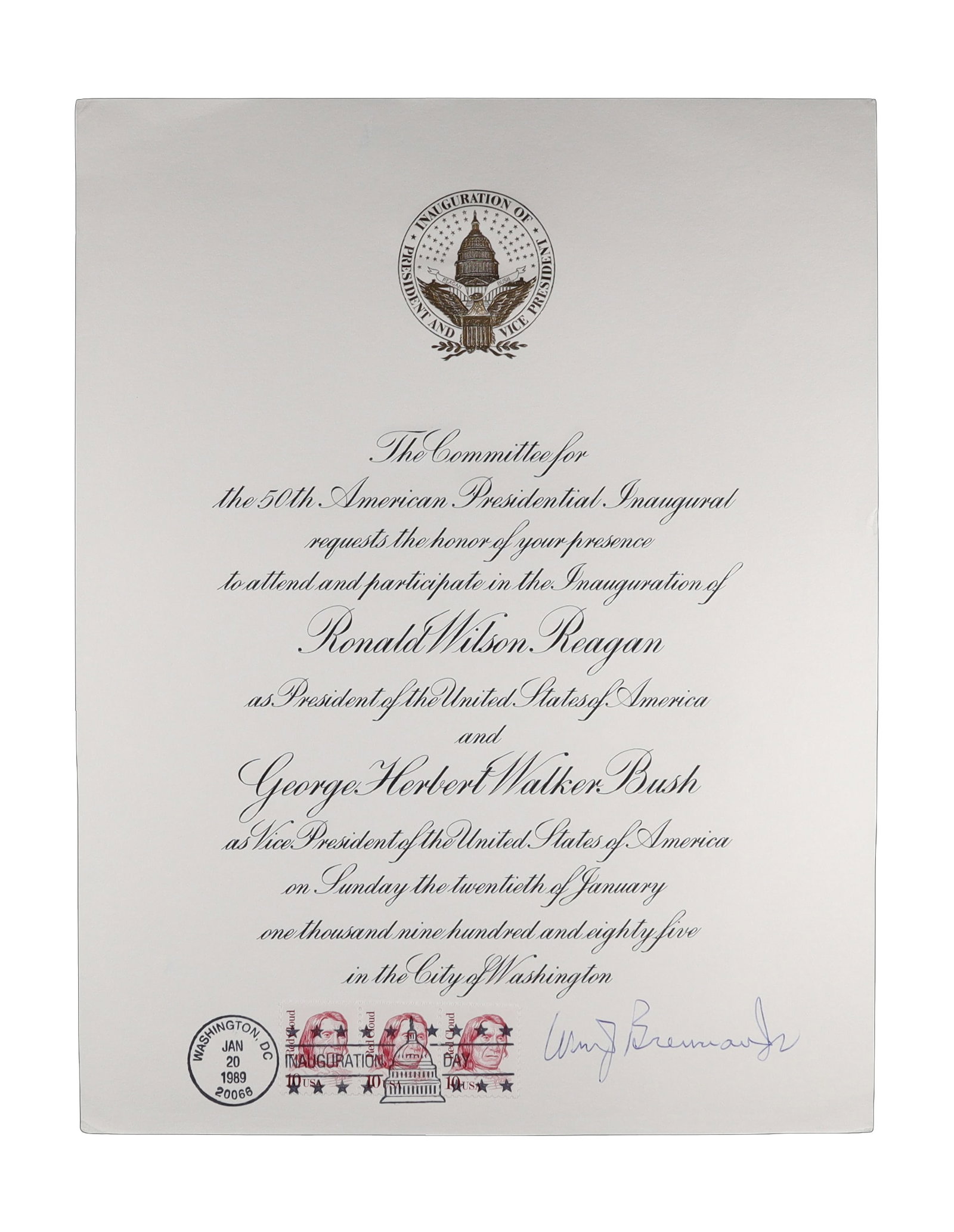 REAGAN SECOND INAUGURATION INVITATION SIGNED BY JUSTICE WILLIAM J. BRENNAN JR., JANUARY 20, 1985 (1 of 1)