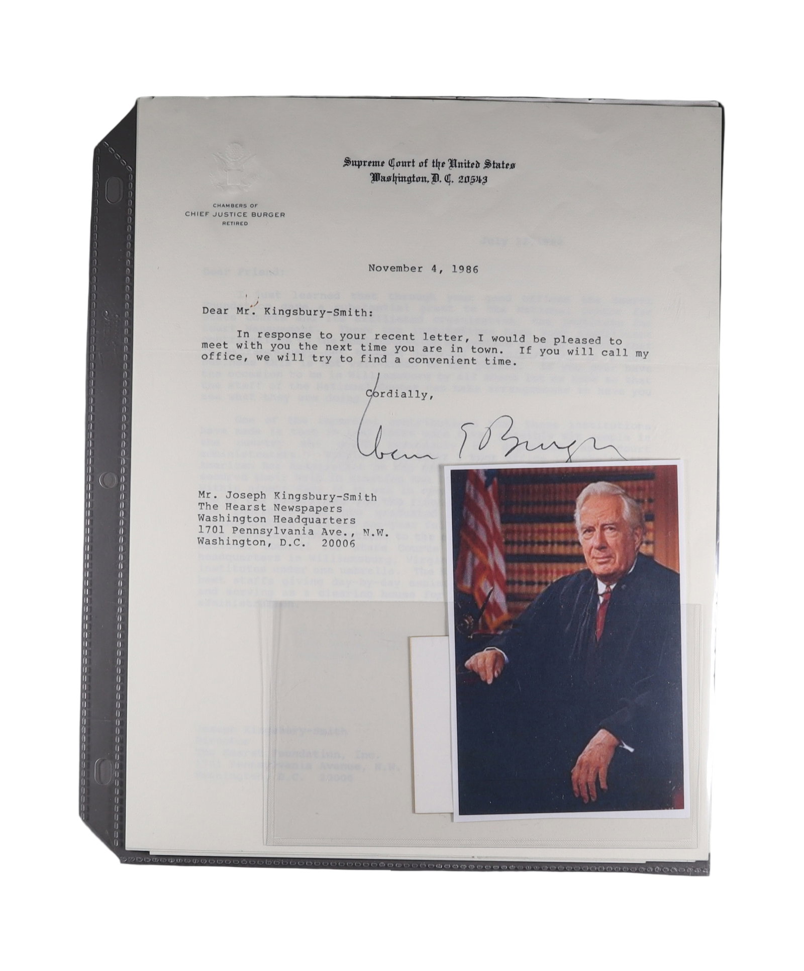 WARREN BURGER TYPED LETTER SIGNED AS CHIEF JUSTICE RETIRED, NOVEMBER 4, 1986 (1 of 1)