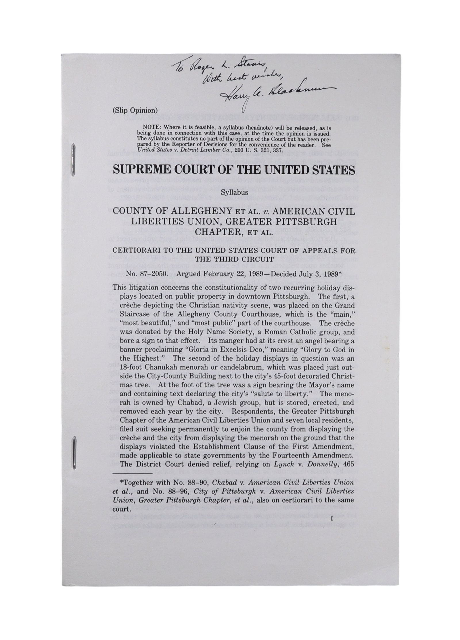 JUSTICE HARRY BLACKMUN SIGNED SUPREME COURT SLIP OPINION COUNTY OF ALLEGHENY v. ACLU, 1989 (1 of 1)