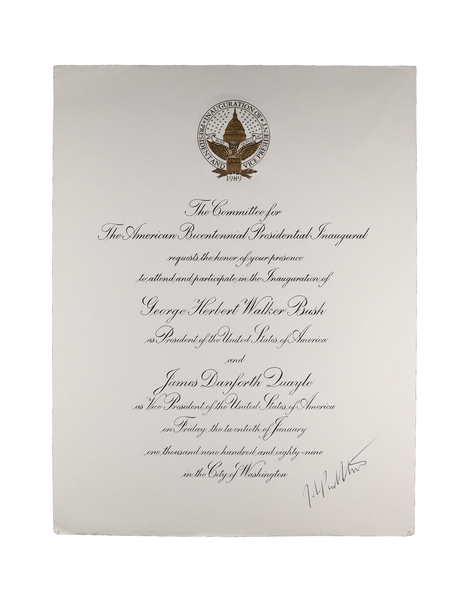 PAIR OF BUSH 1989 INAUGURATION INVITATIONS SIGNED BY JUSTICE BYRON WHITE AND JUSTICE JOHN PAUL: A matched pair of official invitations to the American Bicentennial Presidential Inaugural of January 20, 1989, celebrating the inauguration of George Herbert Walker Bush as President and James Danfor