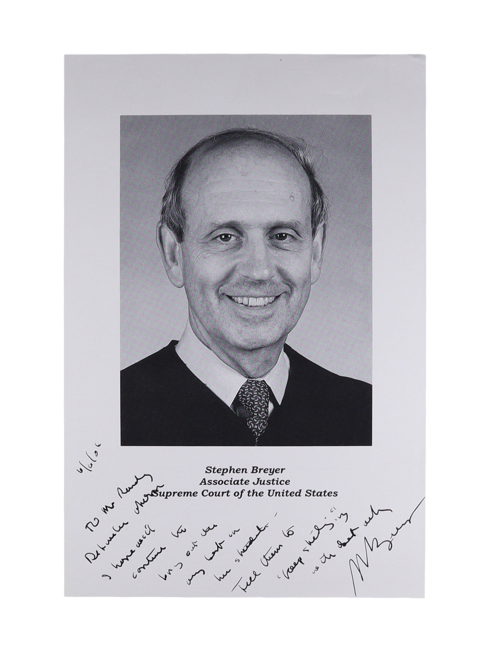 STEPHEN BREYER SIGNED AND EXTENSIVELY INSCRIBED OFFICIAL PORTRAIT PHOTOGRAPH WITH LENGTHY PERSONAL (1 of 1)