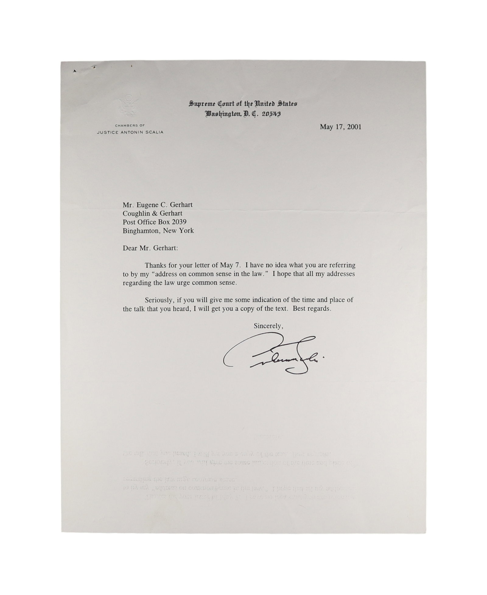 ANTONIN SCALIA TYPED LETTER SIGNED AS ASSOCIATE JUSTICE, MAY 17, 2001, WITH CHARACTERISTIC WIT: Antonin Scalia (1936-2016) was the most intellectually combative and rhetorically gifted Justice of his generation, a tireless advocate for originalism and textualism whose opinions and dissents trans