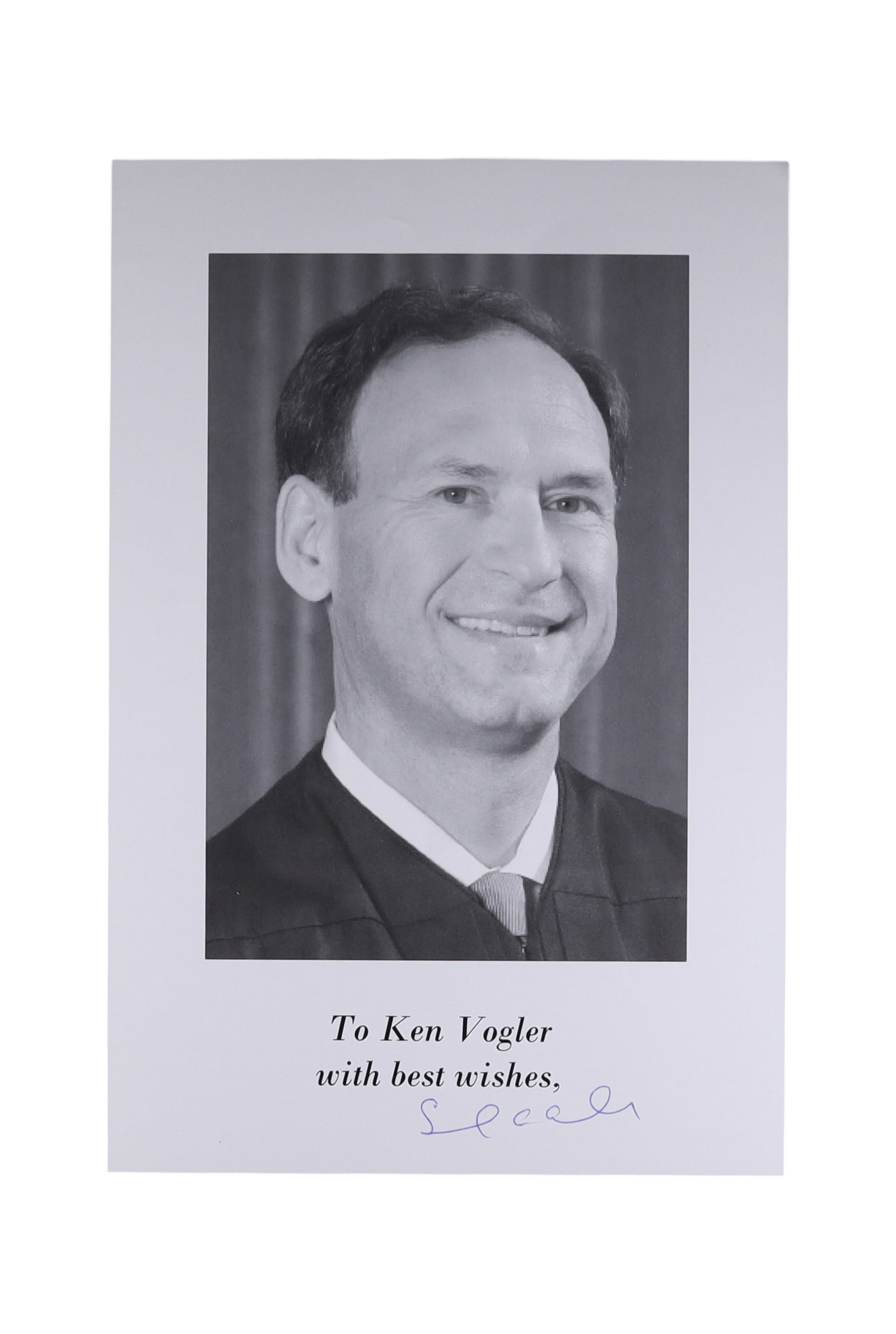 SAMUEL ALITO SIGNED AND INSCRIBED OFFICIAL PORTRAIT PHOTOGRAPH: Samuel A. Alito Jr. (b. 1950) has served as an Associate Justice of the Supreme Court since his confirmation in 2006, appointed by President George W. *Black and white portrait on gray card mount, app