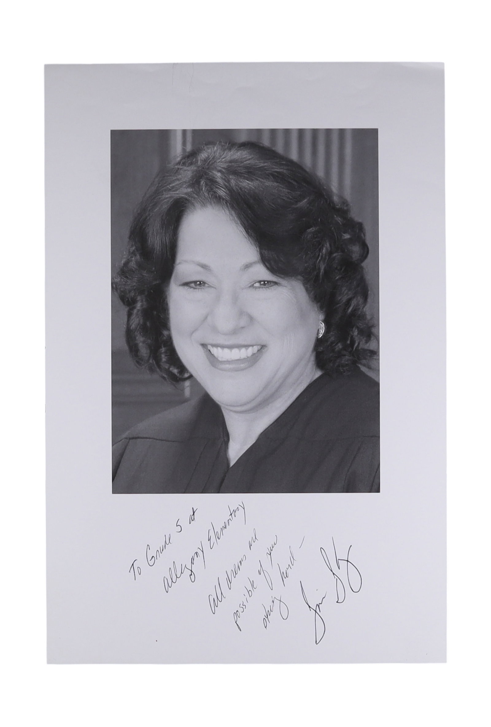 SONIA SOTOMAYOR SIGNED AND INSCRIBED OFFICIAL PORTRAIT PHOTOGRAPH: Sonia Sotomayor (b. 1954) became the first Hispanic Justice and the third woman to serve on the Supreme Court when President Obama appointed her in 2009. Her life story, raised in a Bronx housing proj