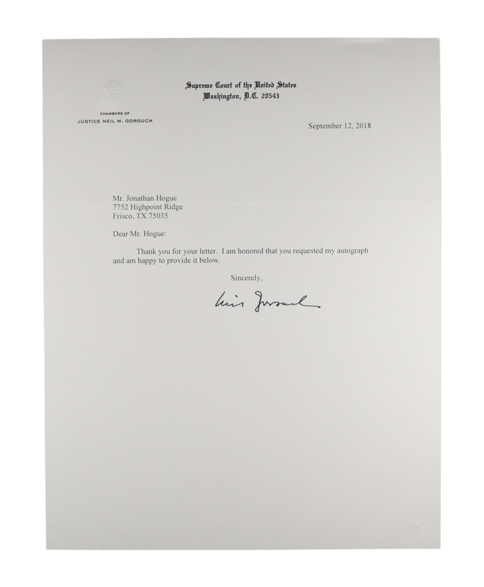 NEIL GORSUCH ARCHIVE OF FOUR ITEMS FROM A SINGLE DOCUMENTED AUTOGRAPH CORRESPONDENCE, SEPTEMBER 2018: Neil M. Gorsuch (b. 1967) was appointed to the Supreme Court by President Trump in April 2017, filling the seat left vacant by the death of Antonin Scalia. He is the author of A Republic, If You Can K