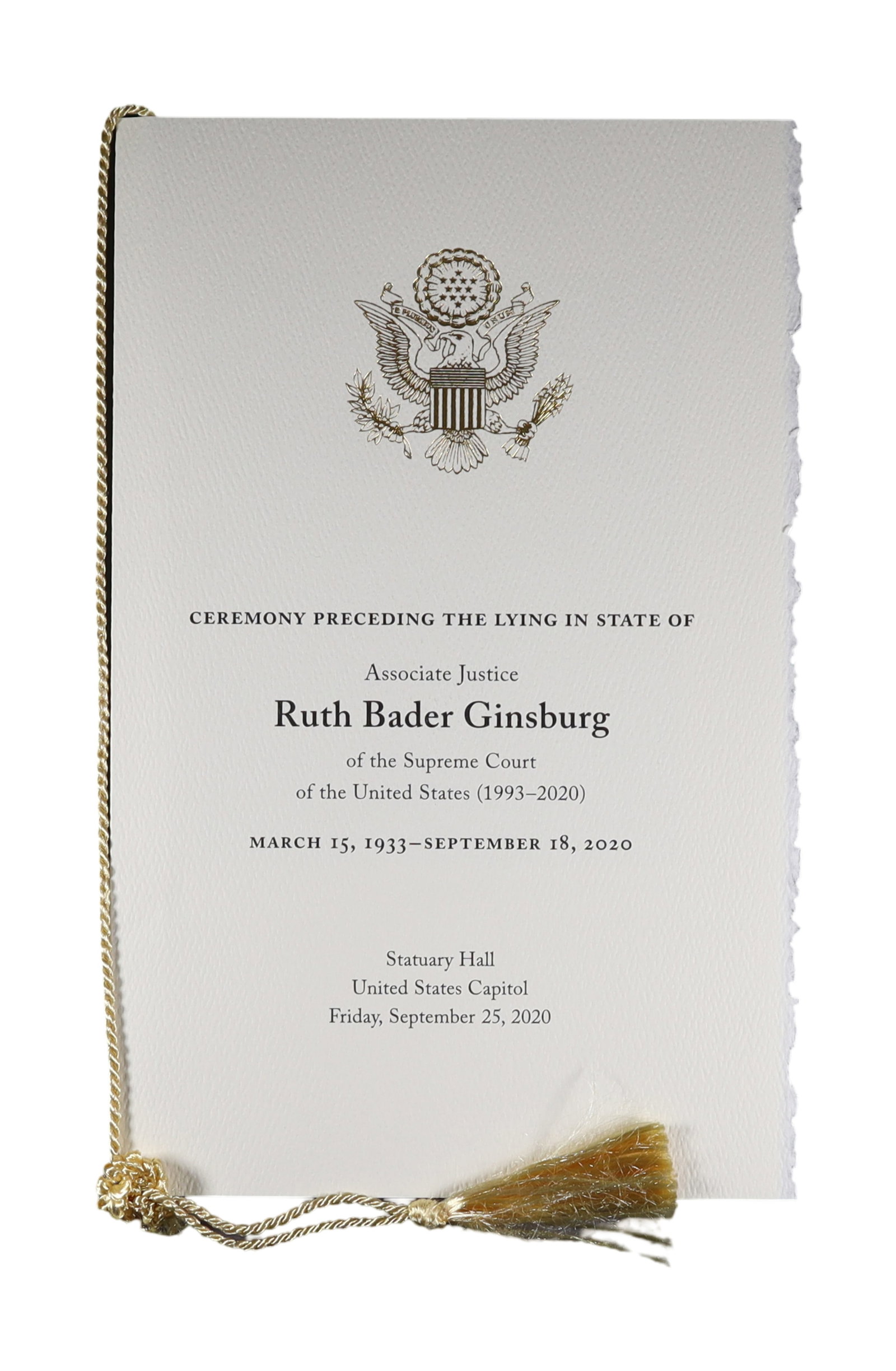 RUTH BADER GINSBURG OFFICIAL SIGNED PORTRAIT & HER LYING IN STATE CEREMONY PROGRAM,: Ruth Bader Ginsburg (1933-2020) became only the second woman to serve on the Supreme Court when President Clinton appointed her in 1993, and over nearly three decades she established herself as the Co