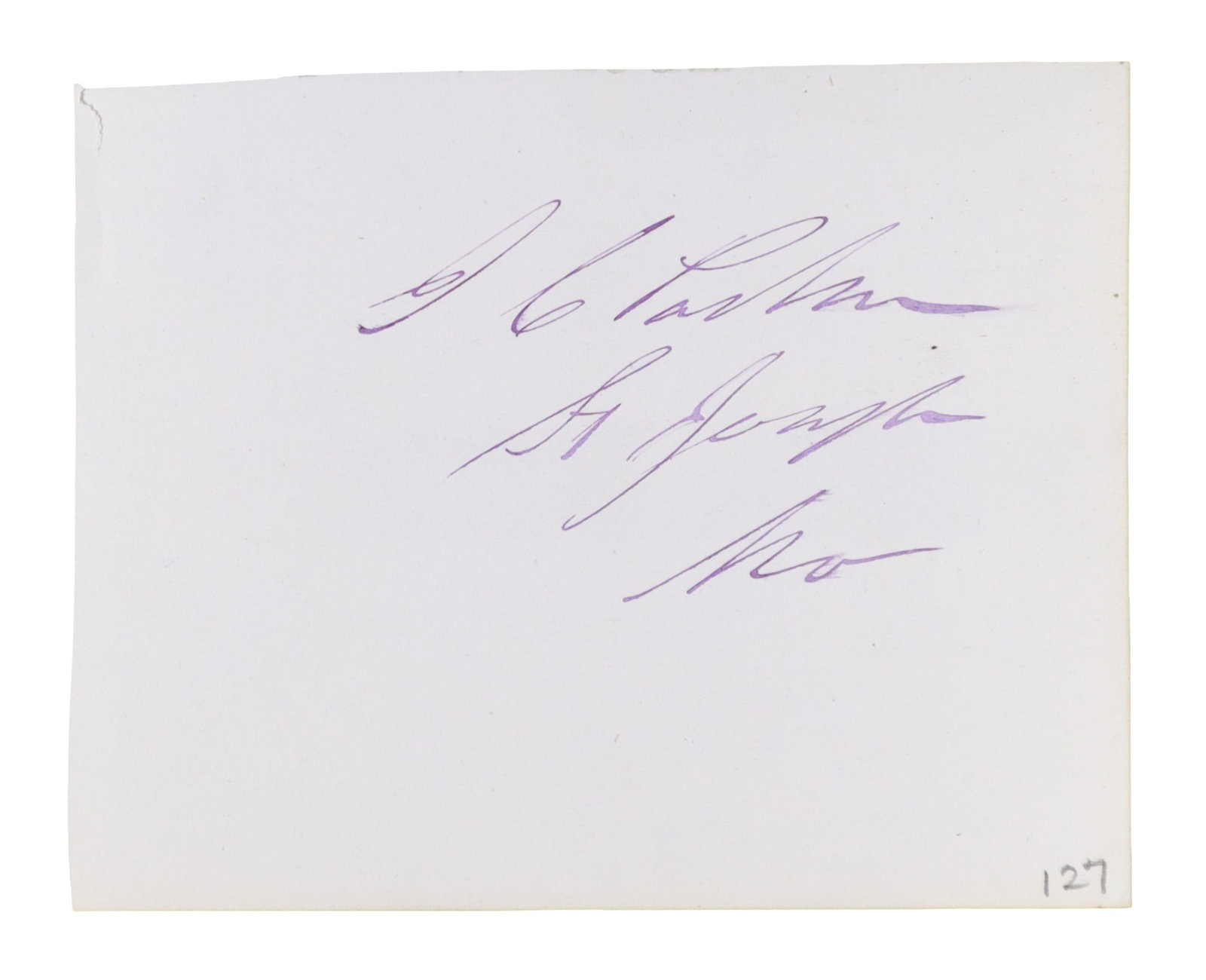 JUDGE ISAAC PARKER "THE HANGING JUDGE" SIGNED CARD ST. JOSEPH, MISSOURI: Judge Isaac Charles Parker (1838-1896), the formidable federal jurist known throughout the American West as "the Hanging Judge," signs a card in purple ink with his name and location: "[J.] C. Parker 