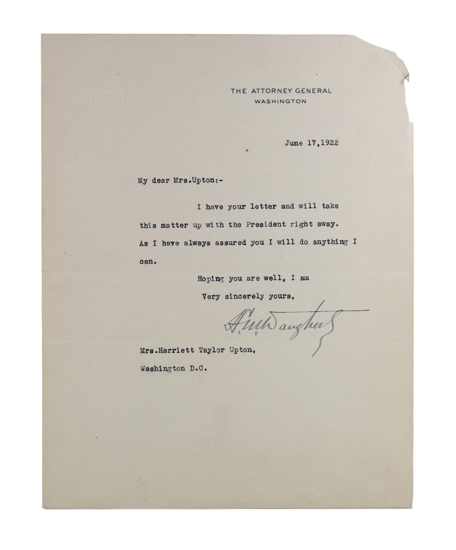 Harry M. Daugherty TLS as Attorney General, to Harriett Taylor Upton, June 17 (1 of 1)