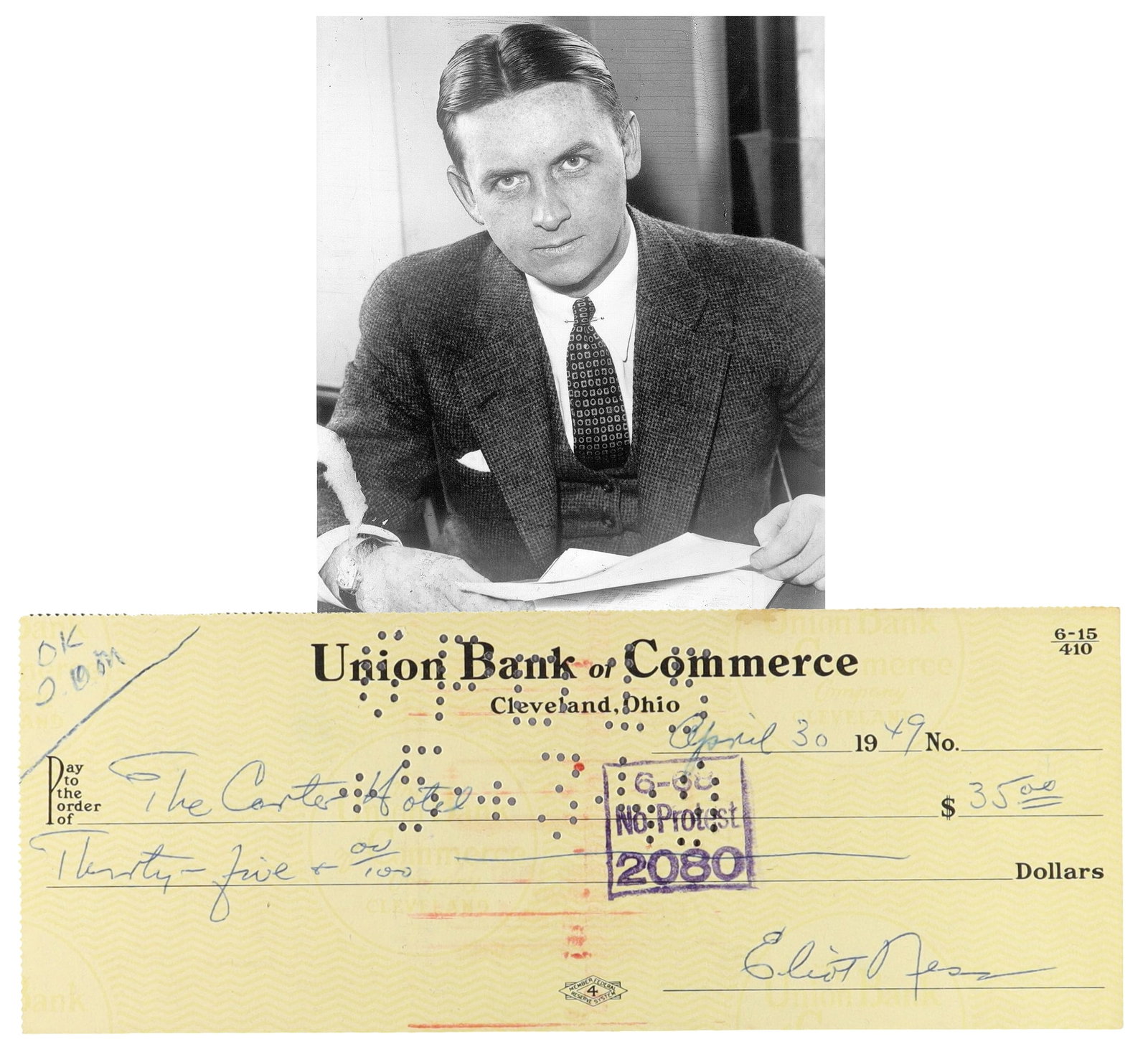 ELIOT NESS SIGNED BANK CHECK, CLEVELAND, OHIO, APRIL 30, 1949 (1 of 2)