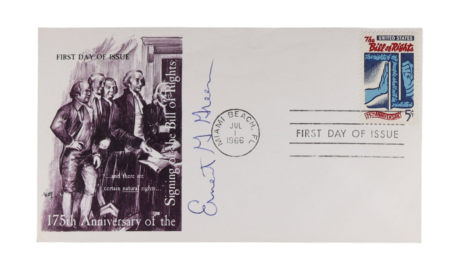 Ernest M. Greer Signed First Day Cover Bill of Rights 175th Anniversary, Miami Beach, July 1, 1966: A First Day of Issue cover commemorating the 175th Anniversary of the Signing of the Bill of Rights, bearing the five cent United States Bill of Rights stamp and postmarked Miami Beach, Florida, July 