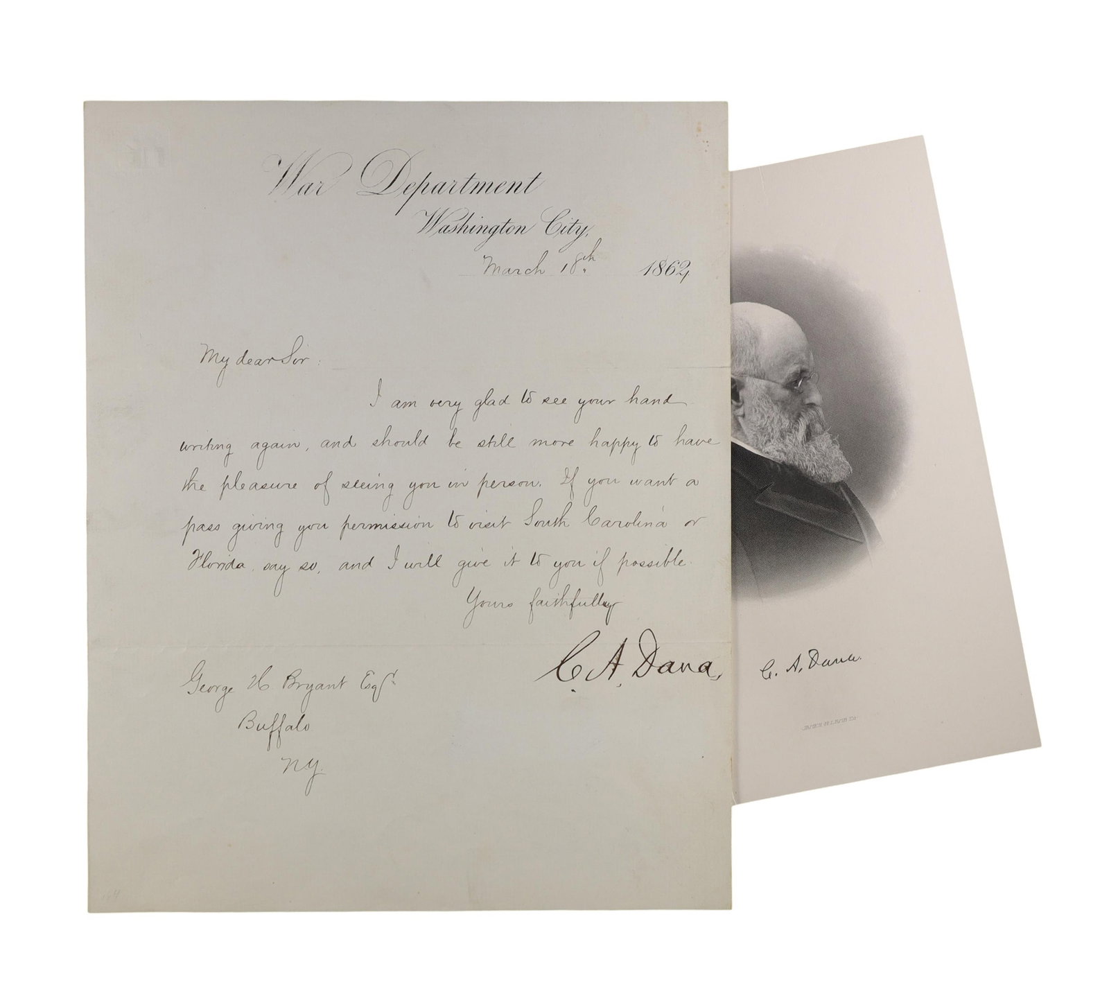 Charles A. Dana ALS as Assistant Secretary of War, War Department Letterhead, Washington City: Charles A. Dana served as Assistant Secretary of War under Edwin Stanton during the final years of the Civil War, functioning as President Lincoln's eyes and ears at the front and earning a reputation