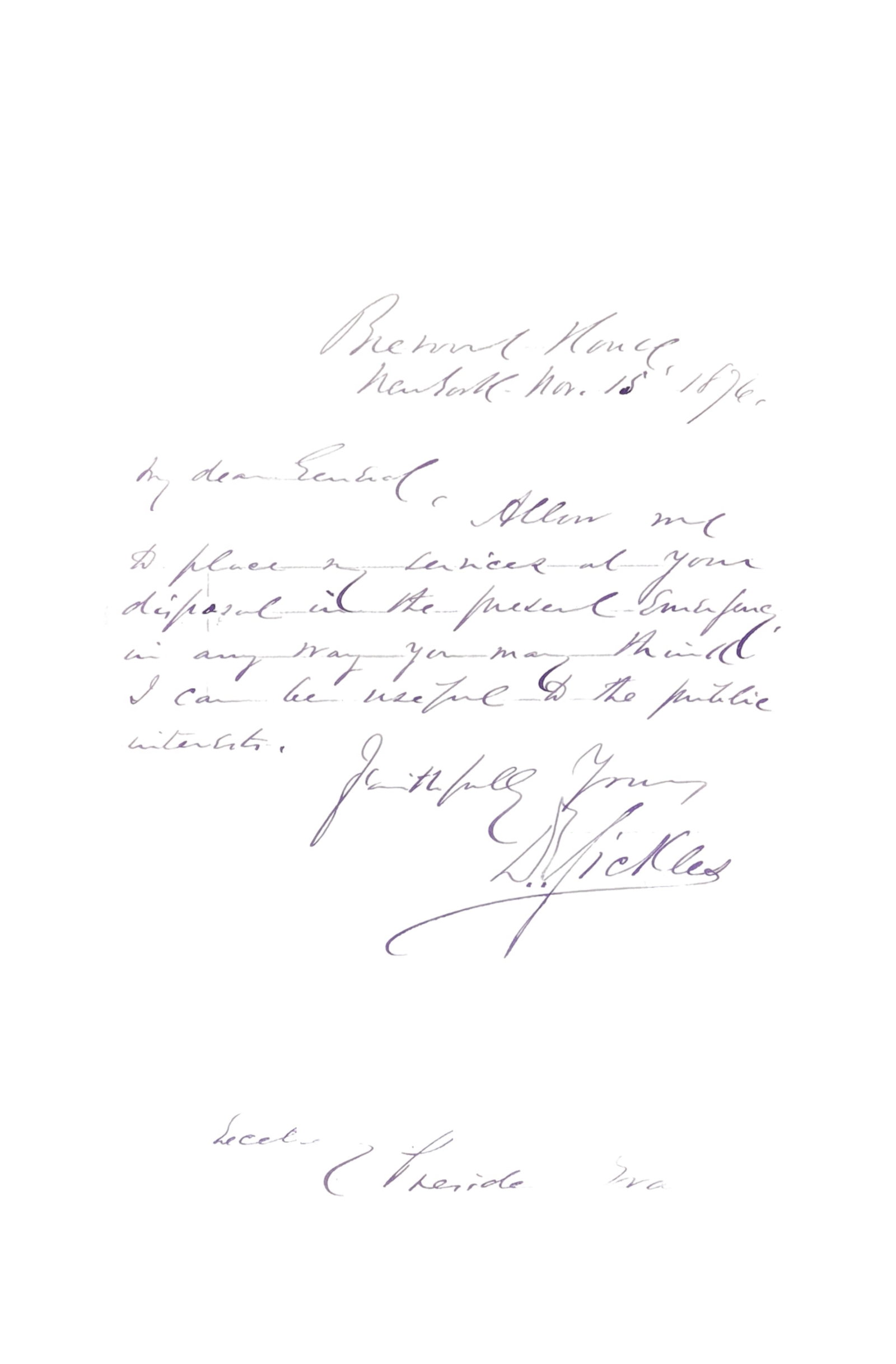 DANIEL SICKLES ALS, NOVEMBER 15, 1876 OFFERING SERVICES DURING THE DISPUTED HAYES TILDEN ELECTION (1 of 1)