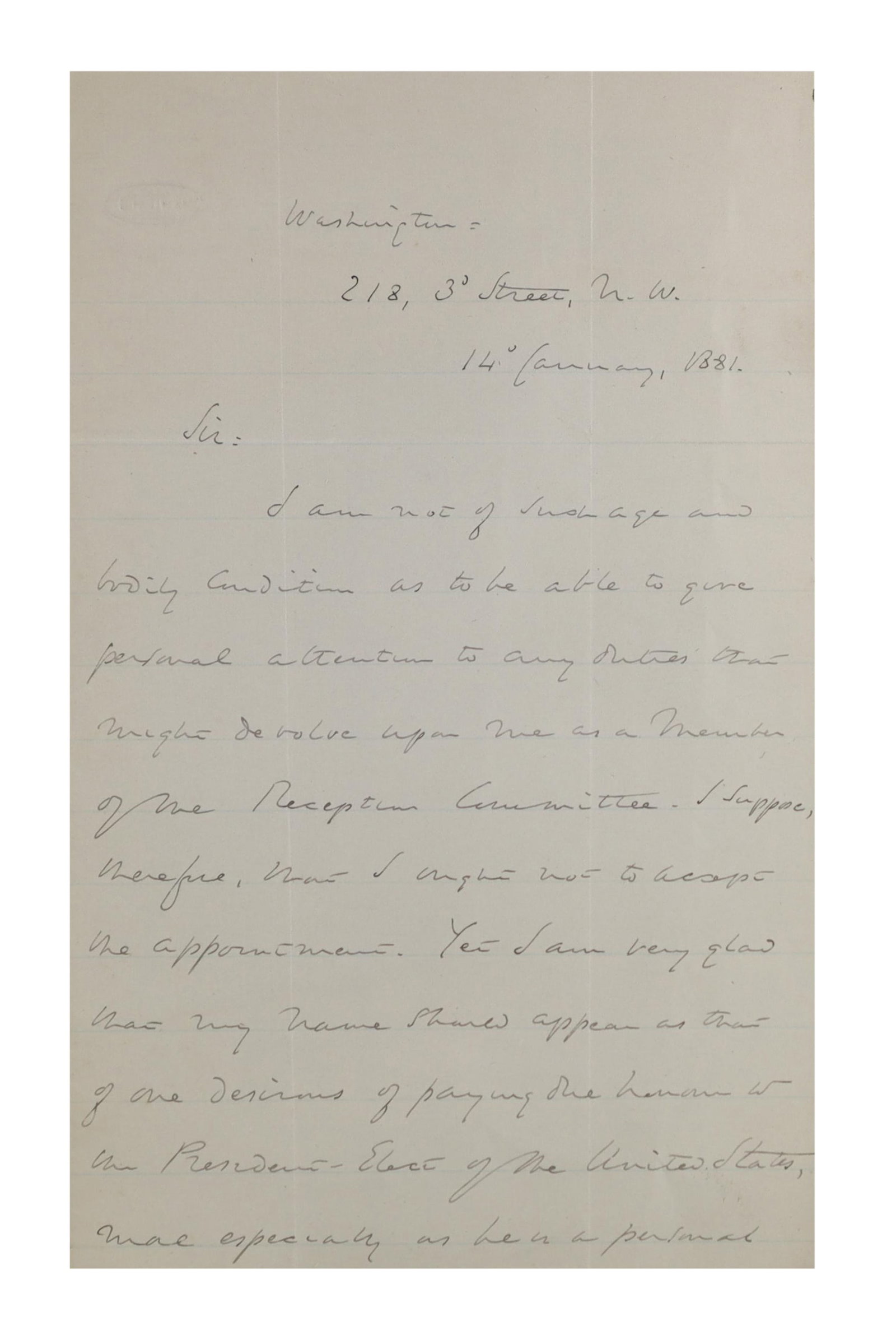 Albert Pike ALS Two Pages, Washington, January 14, 1881 Declining Presidential Reception Committee (1 of 2)