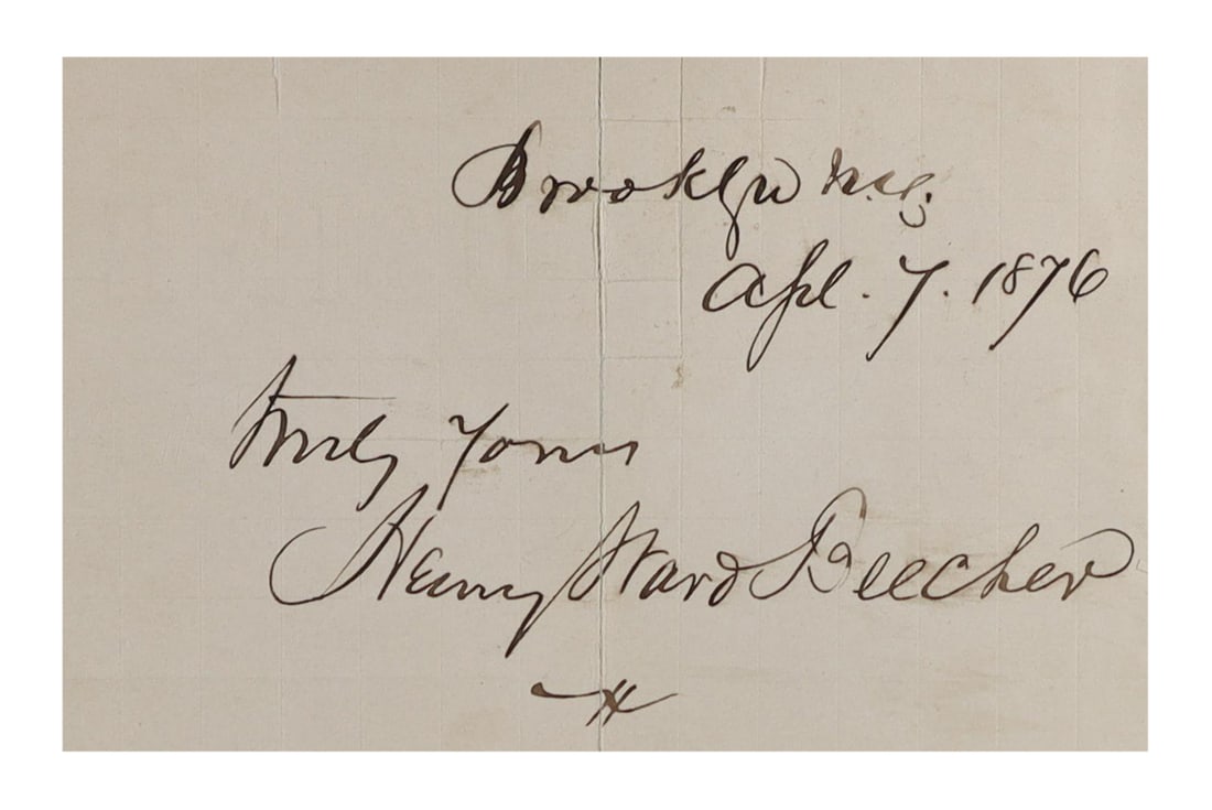 Henry Ward Beecher Signed Slip, April 7, 1876, and Thurlow Weed Signed Card Two Piece Civil War Era: Two signed pieces from figures whose careers intersected at the highest levels of American religious and political life across the mid nineteenth century. Henry Ward Beecher was the most celebrated Pr