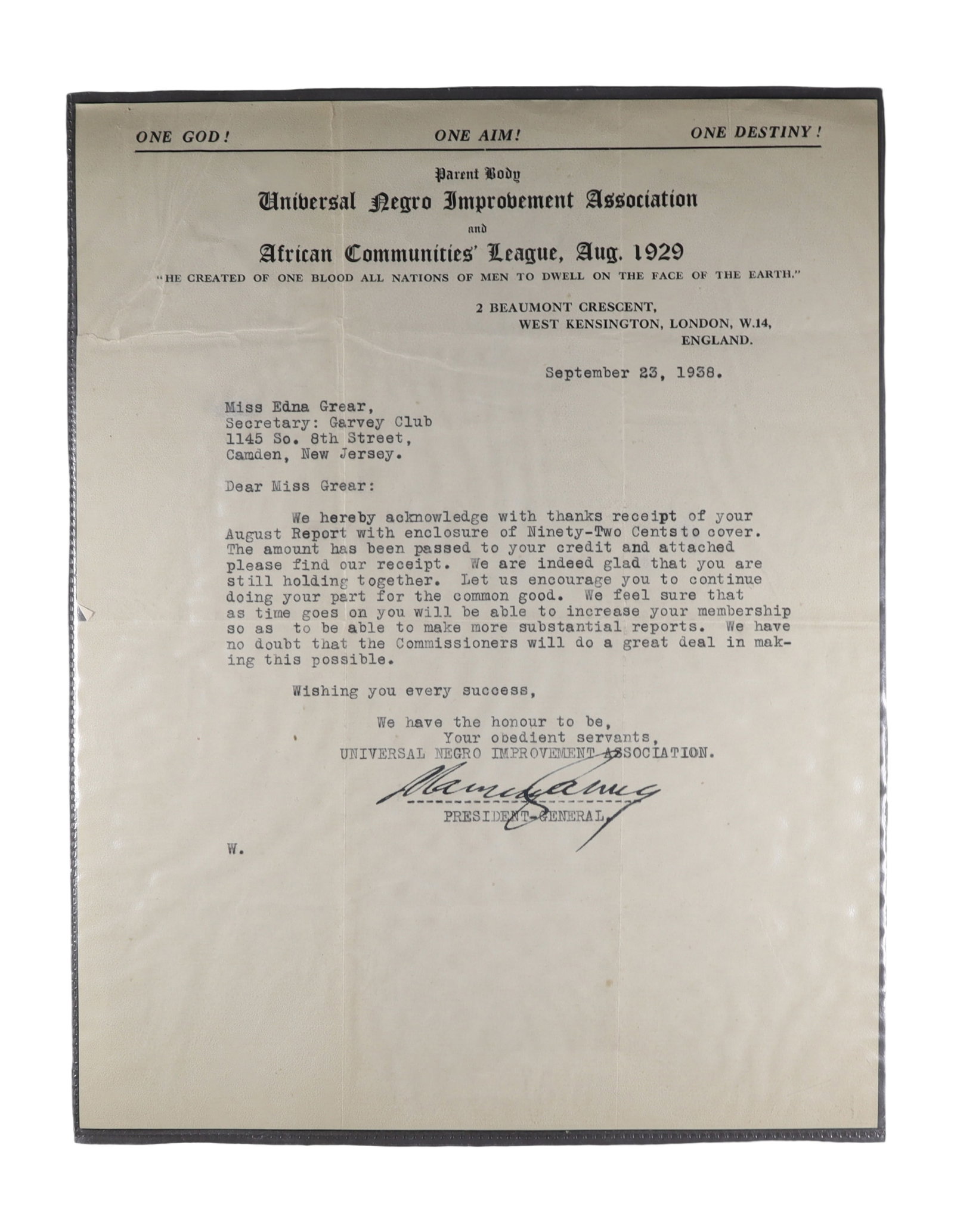 Marcus Garvey: Two Typed Letters Signed as President General of the Universal Negro Improvement (1 of 2)