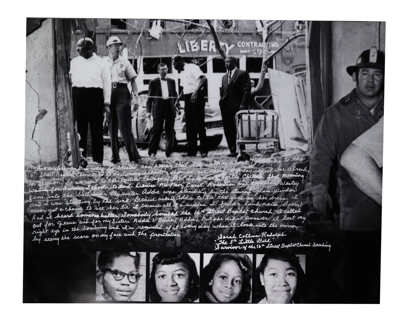 SARAH COLLINS RUDOLPH SIGNED COMPOSITE PHOTOGRAPH WITH HANDWRITTEN SURVIVOR TESTIMONY "THE 5TH: On September 15, 1963, a bomb planted by Ku Klux Klan members detonated beneath the 16th Street Baptist Church in Birmingham, Alabama, killing four girls: Addie Mae Collins, Cynthia Wesley, Carole Rob