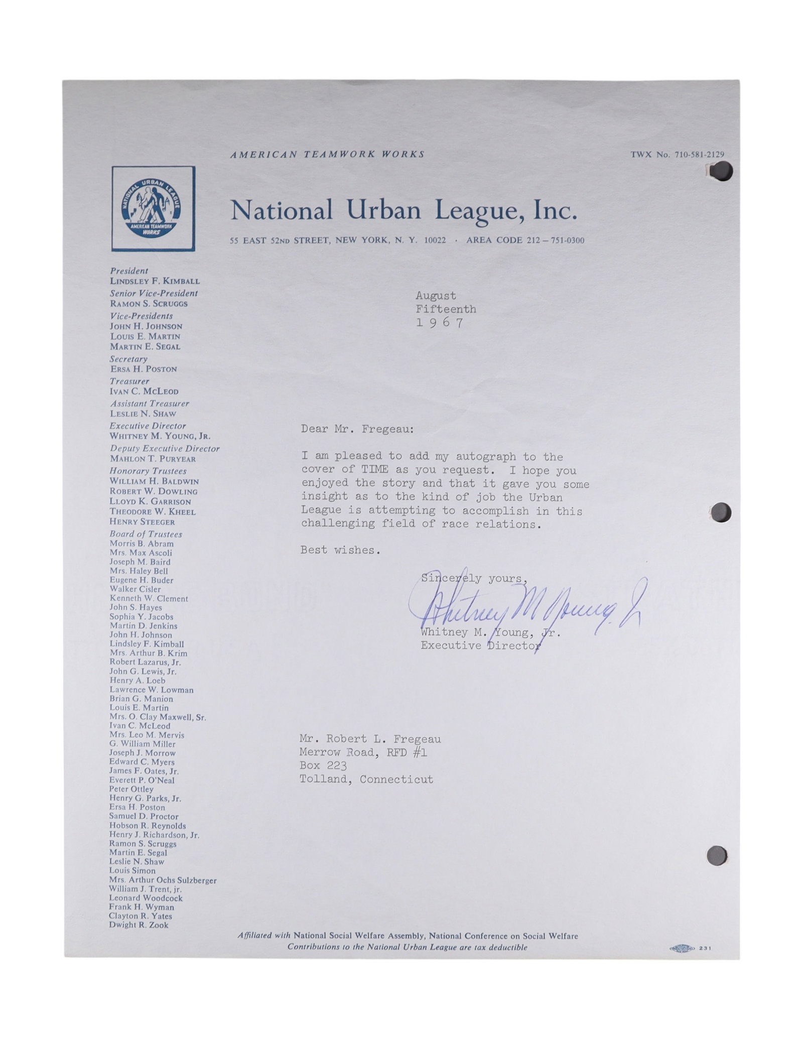Whitney M. Young Jr.: Typed Letter Signed as Executive Director of the National Urban League (1 of 2)