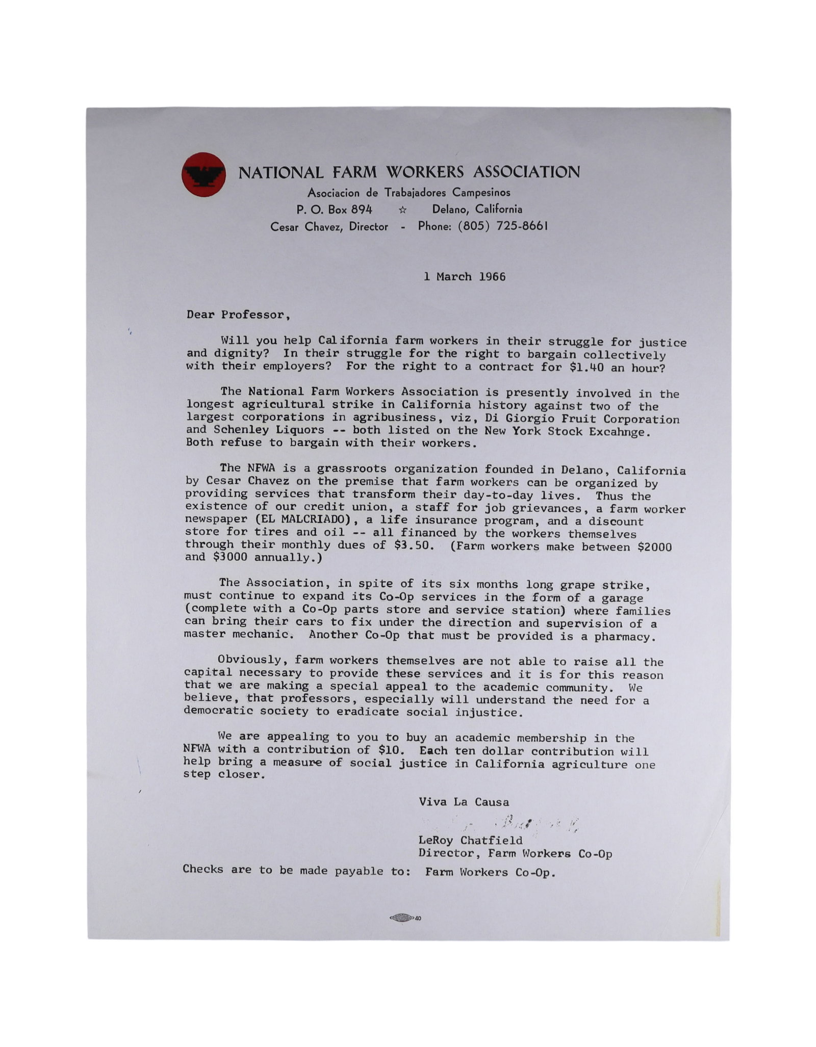 Cesar Chavez Signed 1966 NFWA Professors Academic Membership Card with Original Solicitation Letter (1 of 3)