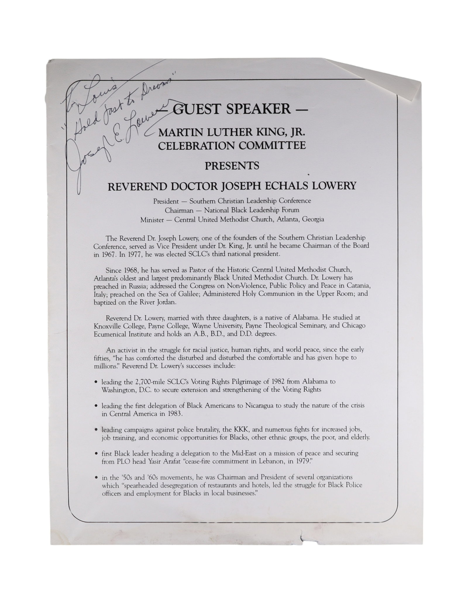 Joseph E. Lowery Signed Guest Speaker Biography Sheet, Martin Luther King Jr. Celebration Committee (1 of 2)