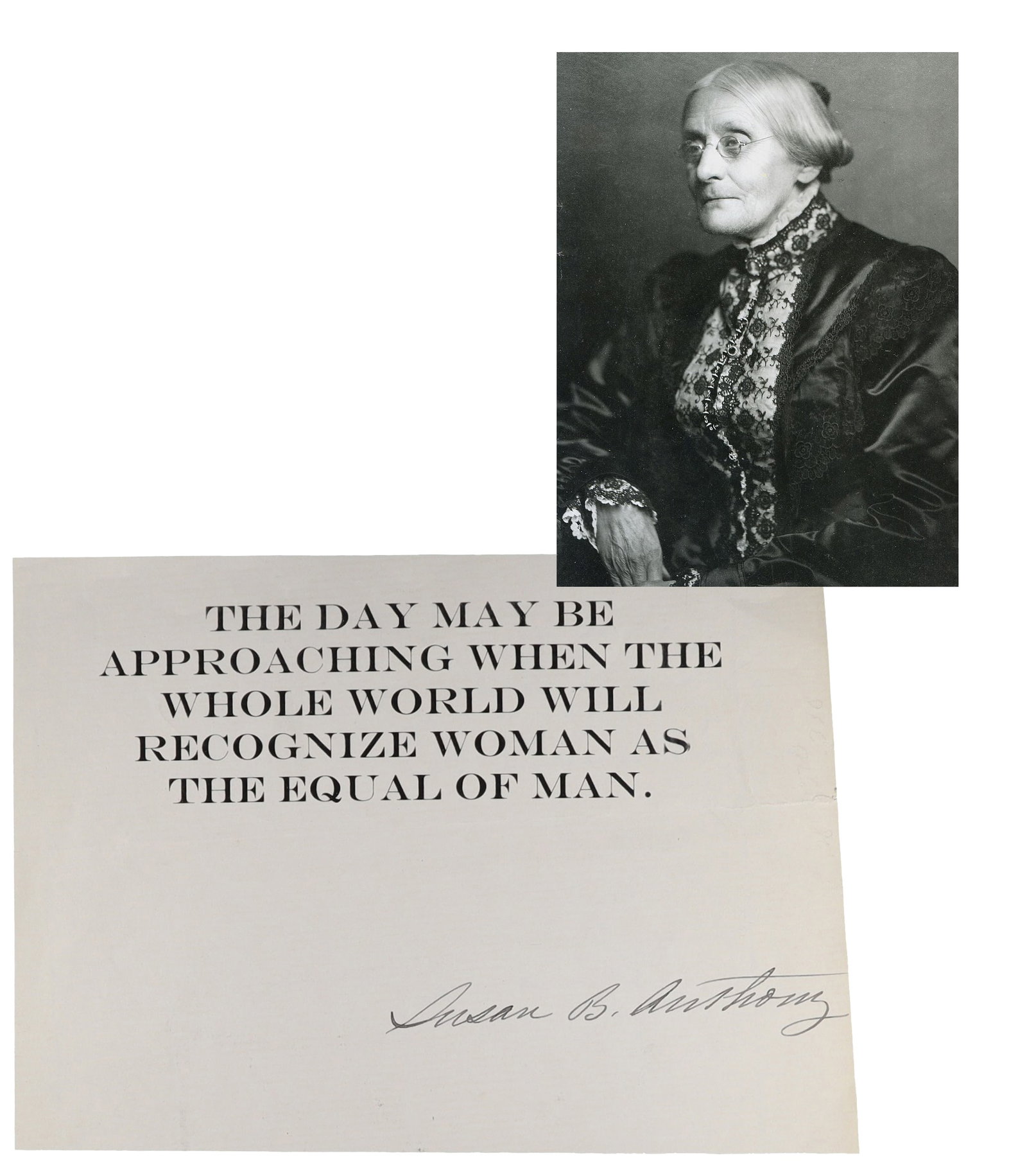 Susan B. Anthony Signature on Personal Stationery, Subsequently Printed with Suffrage Quotation "The (1 of 2)