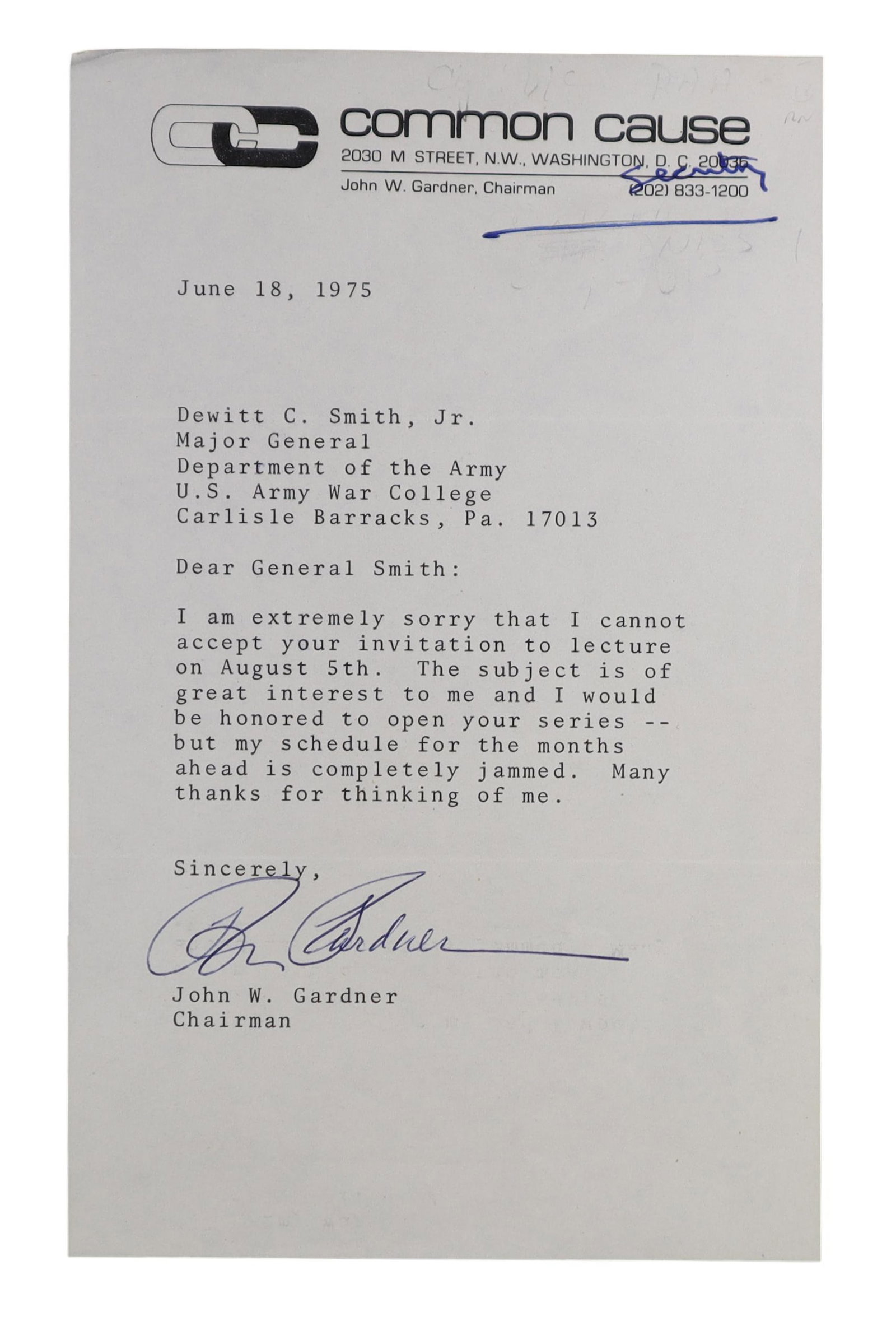 JOHN W. GARDNER TLS, 1975 FOUNDER OF COMMON CAUSE, ON ORGANIZATION LETTERHEAD (1 of 1)