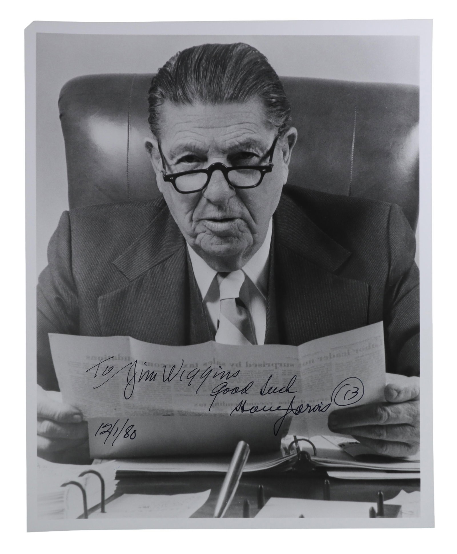 HOWARD JARVIS SIGNED INSCRIBED PORTRAIT PHOTOGRAPH, 1980 ARCHITECT OF PROPOSITION 13 Howard Jarvis (1 of 1)