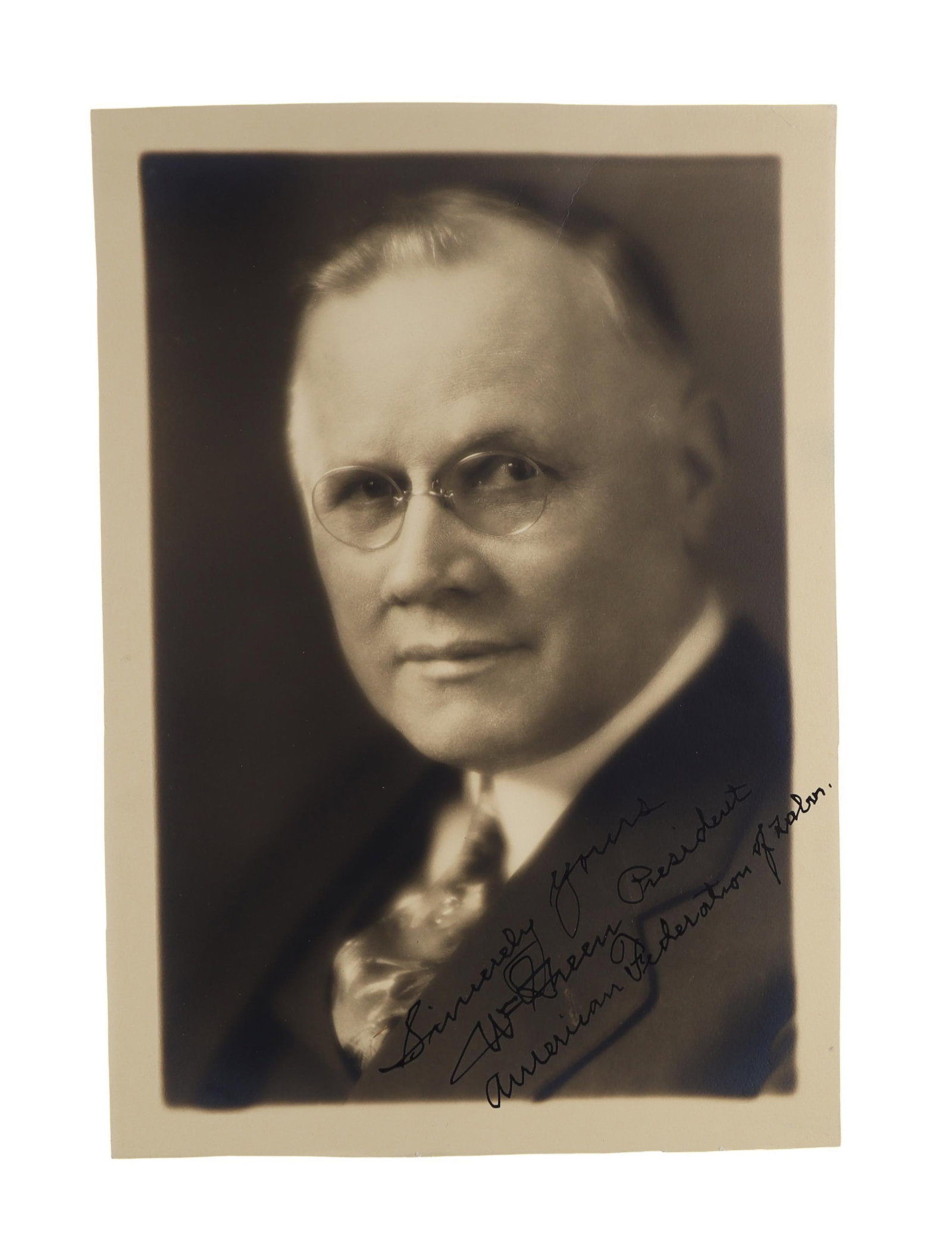 William Green Signed Vintage Portrait Photograph as AFL President, c.1930s: William Green led the American Federation of Labor for nearly three decades, from Samuel Gompers's death in 1924 until his own in 1952, presiding over the AFL through the Depression, the New Deal, the