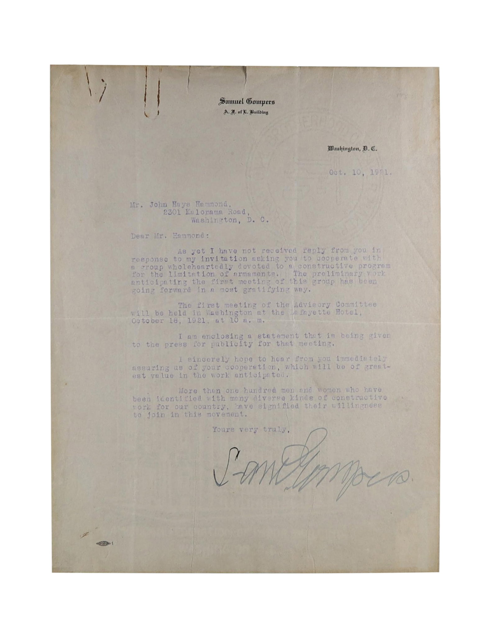 American Labor Leaders Archive Nine Signed Items Spanning a Century of the Labor Movement: American Labor Leaders Archive, Nine Signed Items Spanning a Century of the Labor Movement, from Samuel Gompers to Richard Trumka A collection of unusual depth and range, spanning the full arc of orga