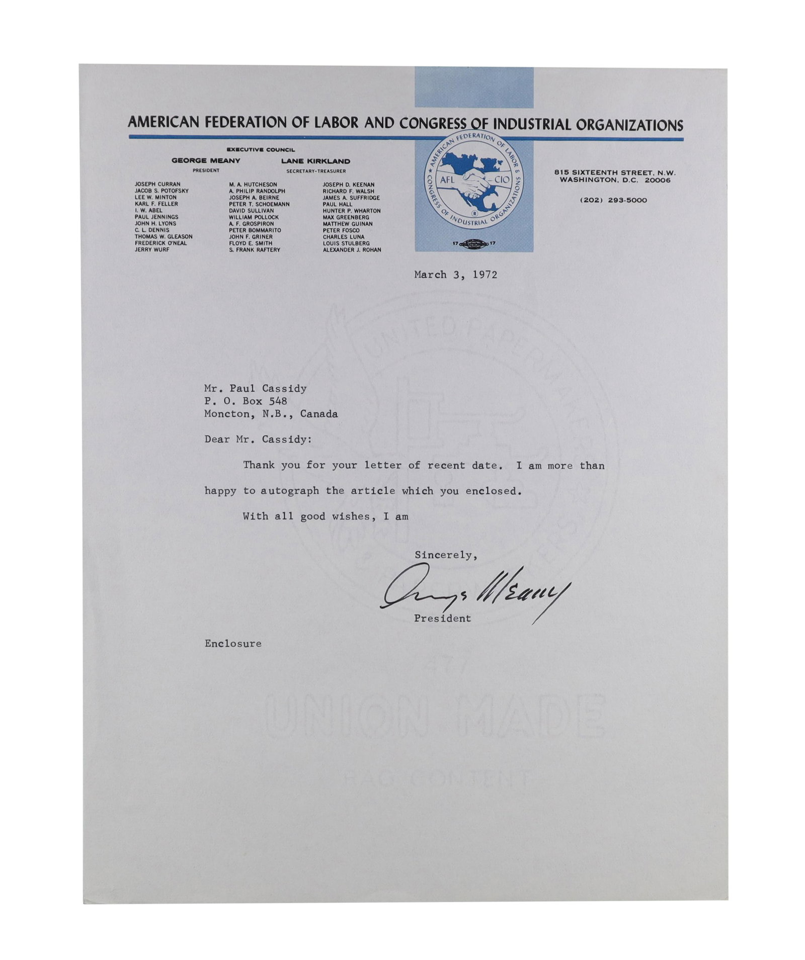 George Meany TLS as AFL CIO President, Confirming Autograph Request, 1972: George Meany served as the first and only president of the merged AFL CIO from its founding in 1955 until his retirement in 1979, making him the dominant figure in American organized labor for a quart