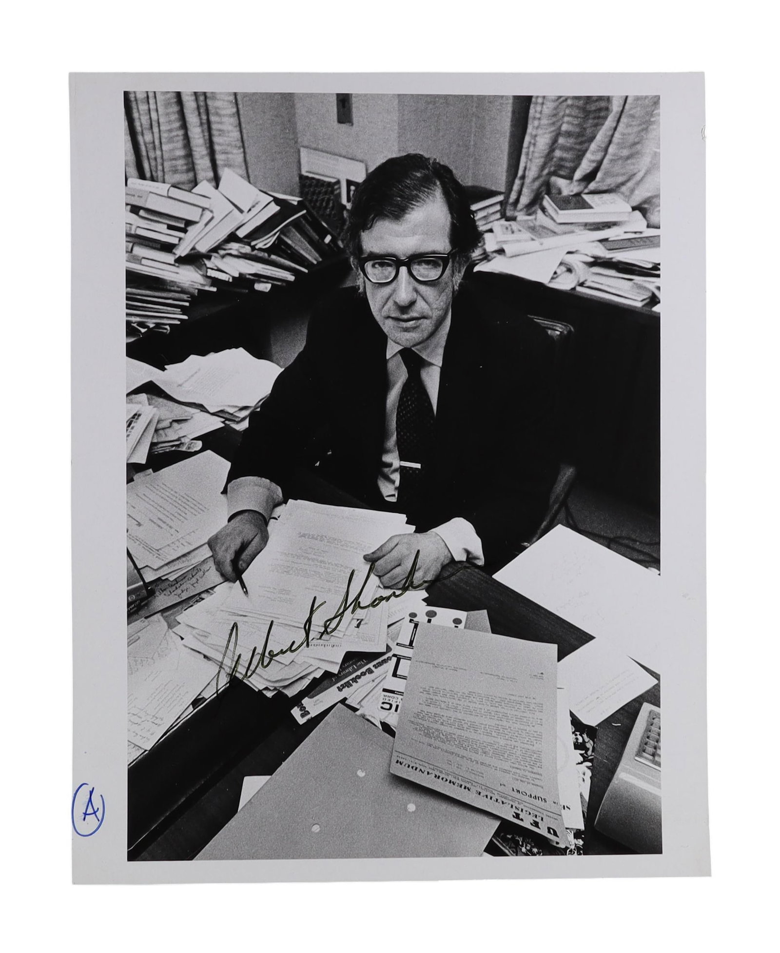 Albert Shanker Signed At Desk Candid Photograph as Federation of Teachers President: Albert Shanker was among the most consequential labor leaders of the late twentieth century, transforming teacher unionism from a professional courtesy into a major political force during his tenure a