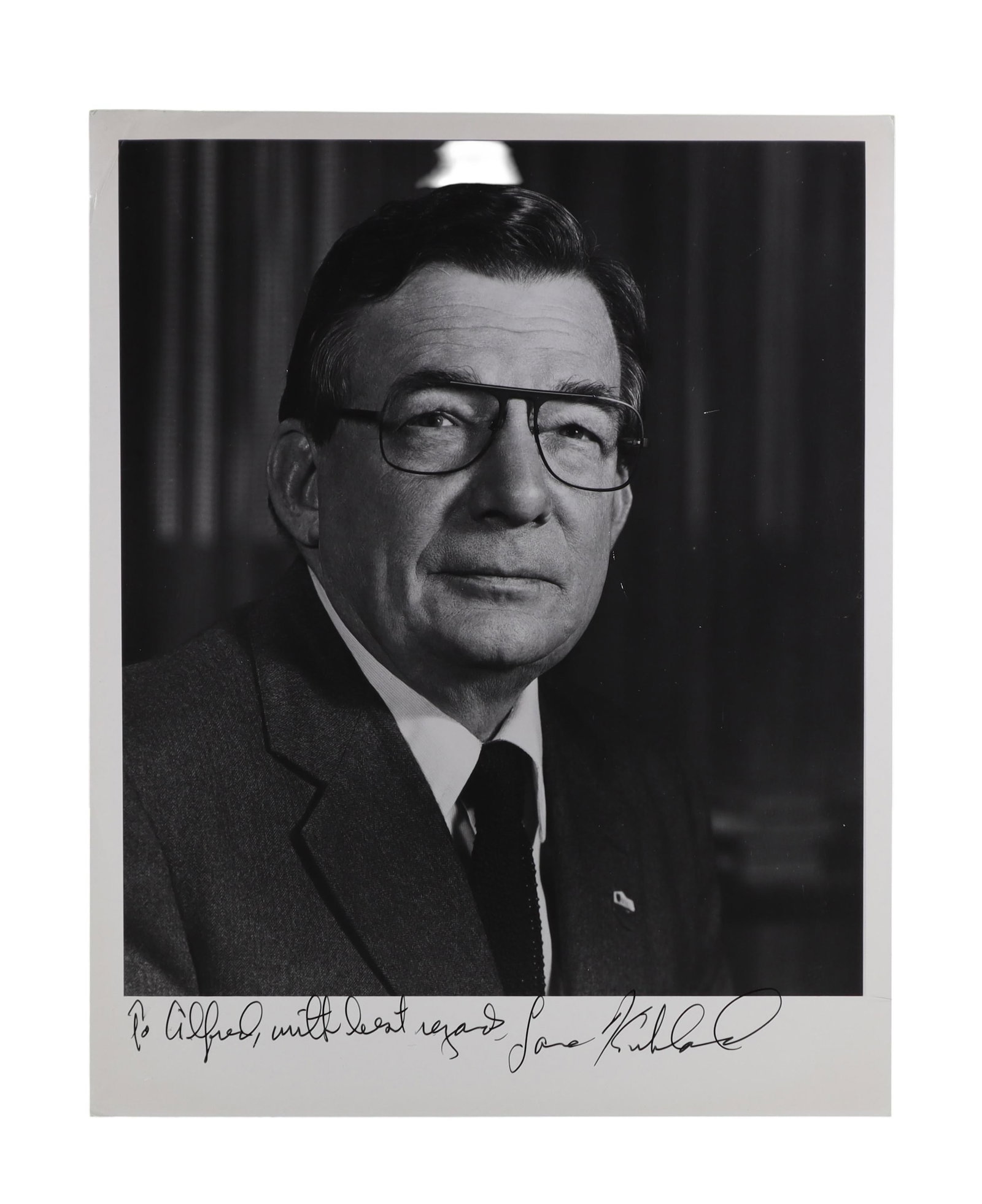 Lane Kirkland Signed Portrait Photograph Inscribed to Alfred as AFL CIO President: Lane Kirkland succeeded George Meany as president of the AFL CIO in 1979 and held that office until 1995, navigating the federation through the Reagan era assault on union power, the PATCO strike, and