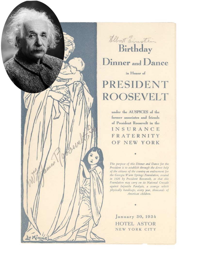Albert Einstein & Mrs. James Roosevelt and Harry Hershfield Signed program for the FDR's (1 of 3)