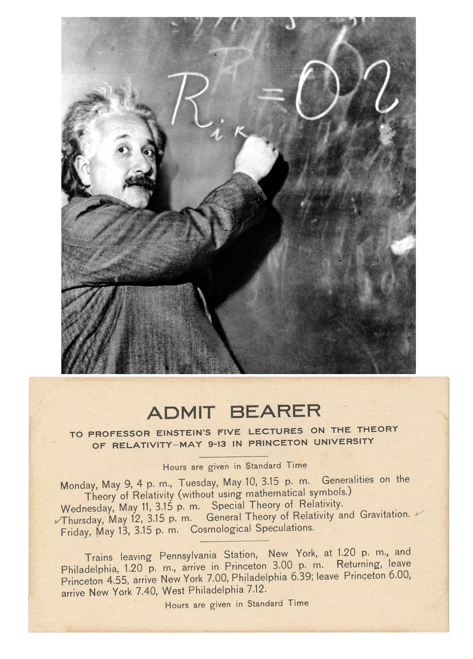 Albert Einstein Original 'Admit Bearer' Admission Card to His Five Lectures on the Theory of: Relativity, Princeton University, May 9 to 13, 1921. An important and exceedingly rare original printed admission card granting the bearer access to Professor Albert Einstein's Five Lectures on the Th